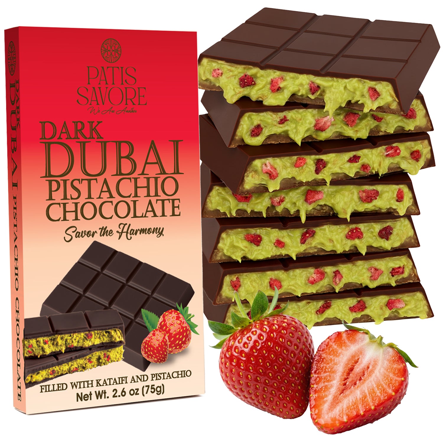 Strawberry Dark Dubai Chocolate Bar with Strawberry – 2.6 oz