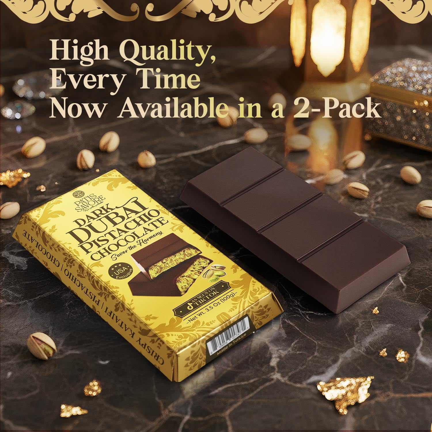 2 Pack Premium Dark Dubai Chocolate with Pistachio Cream & Crispy Kataifi, 3.5 oz Each