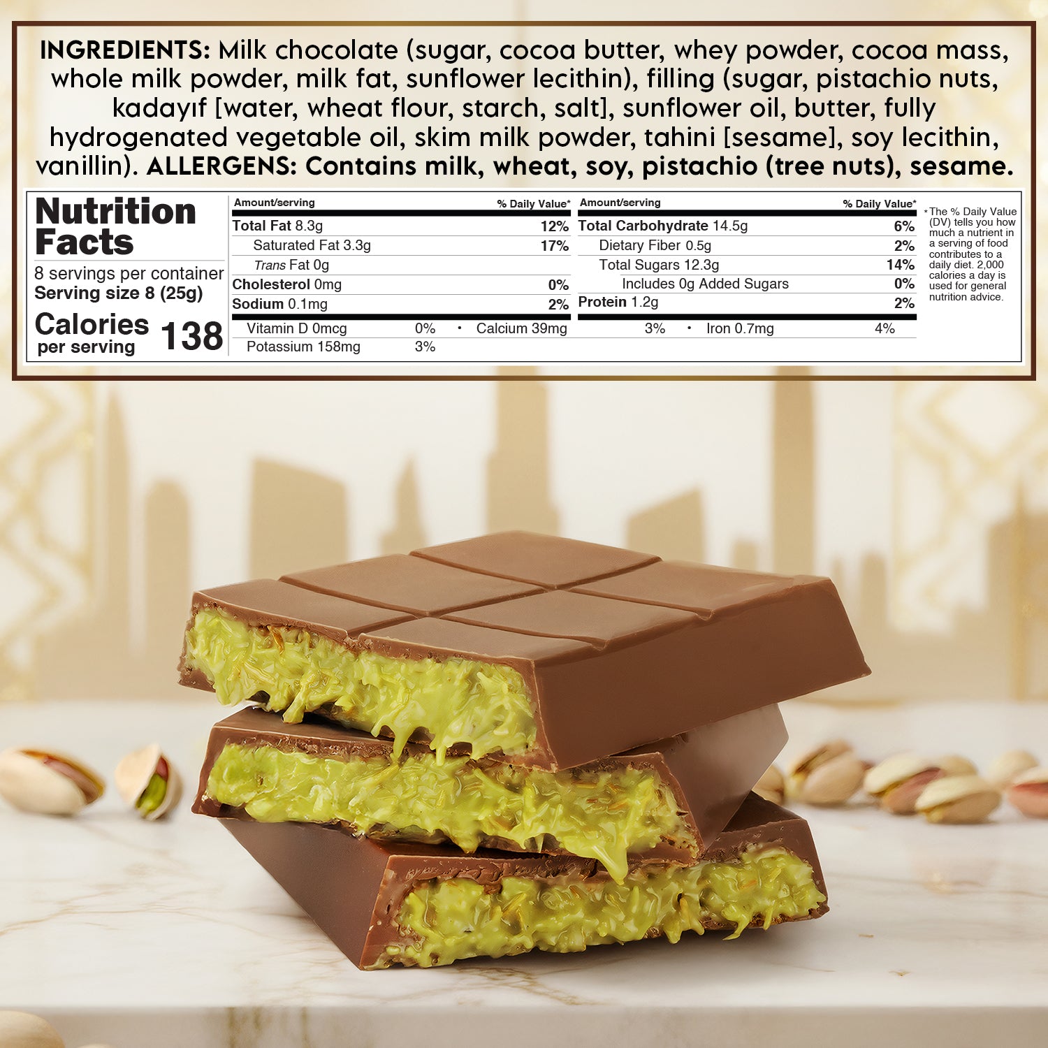 2 Pack Premium Milk Dubai Chocolate - Belgian Chocolate with Pistachio Cream & Crispy Kataifi, 7 oz Each