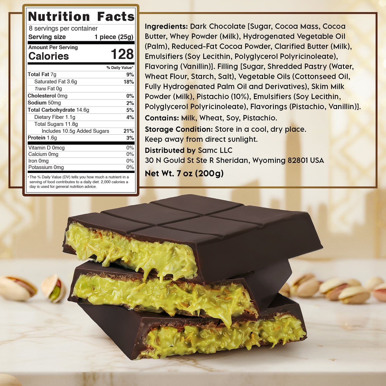 2 Pack Premium Dark Dubai Chocolate - Belgian Chocolate with Pistachio Cream, 7 oz Each