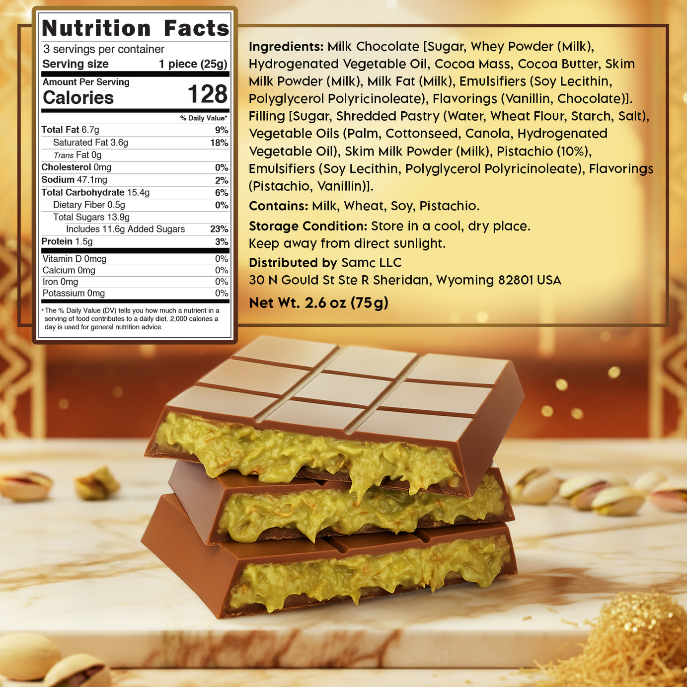 3 Pack Milk Dubai Chocolate with Pistachio Cream & Crispy Kataifi, 2.6 oz Each