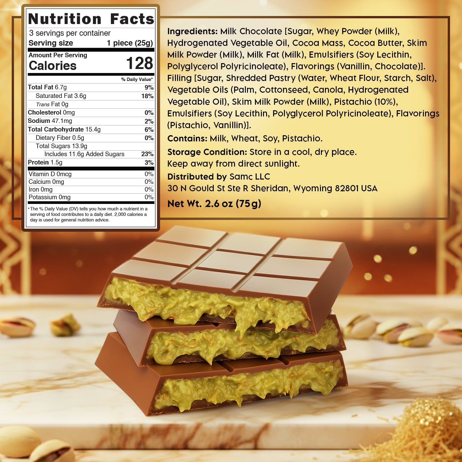 3 Pack Milk Dubai Chocolate with Pistachio Cream & Crispy Kataifi, 2.6 oz Each