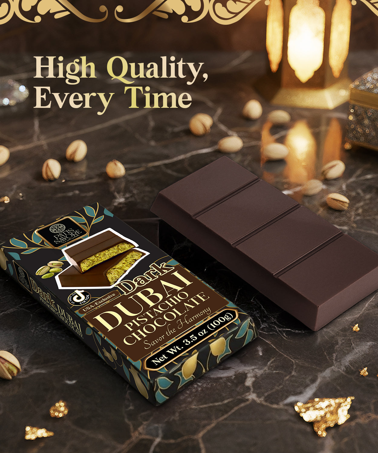 Dark Dubai Chocolate Bar – 3.5 oz Belgian Chocolate - Pistachio Cream and Crispy Kataifi