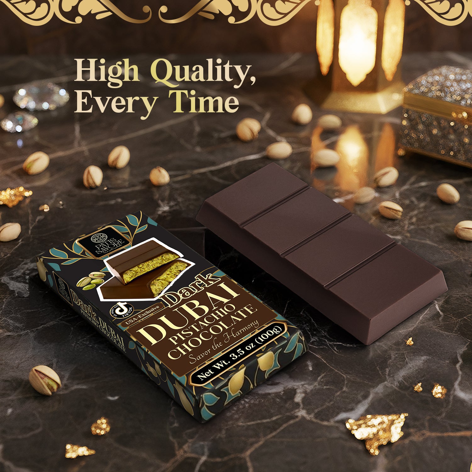 Dark Dubai Chocolate Bar – 3.5 oz Belgian Chocolate - Pistachio Cream and Crispy Kataifi