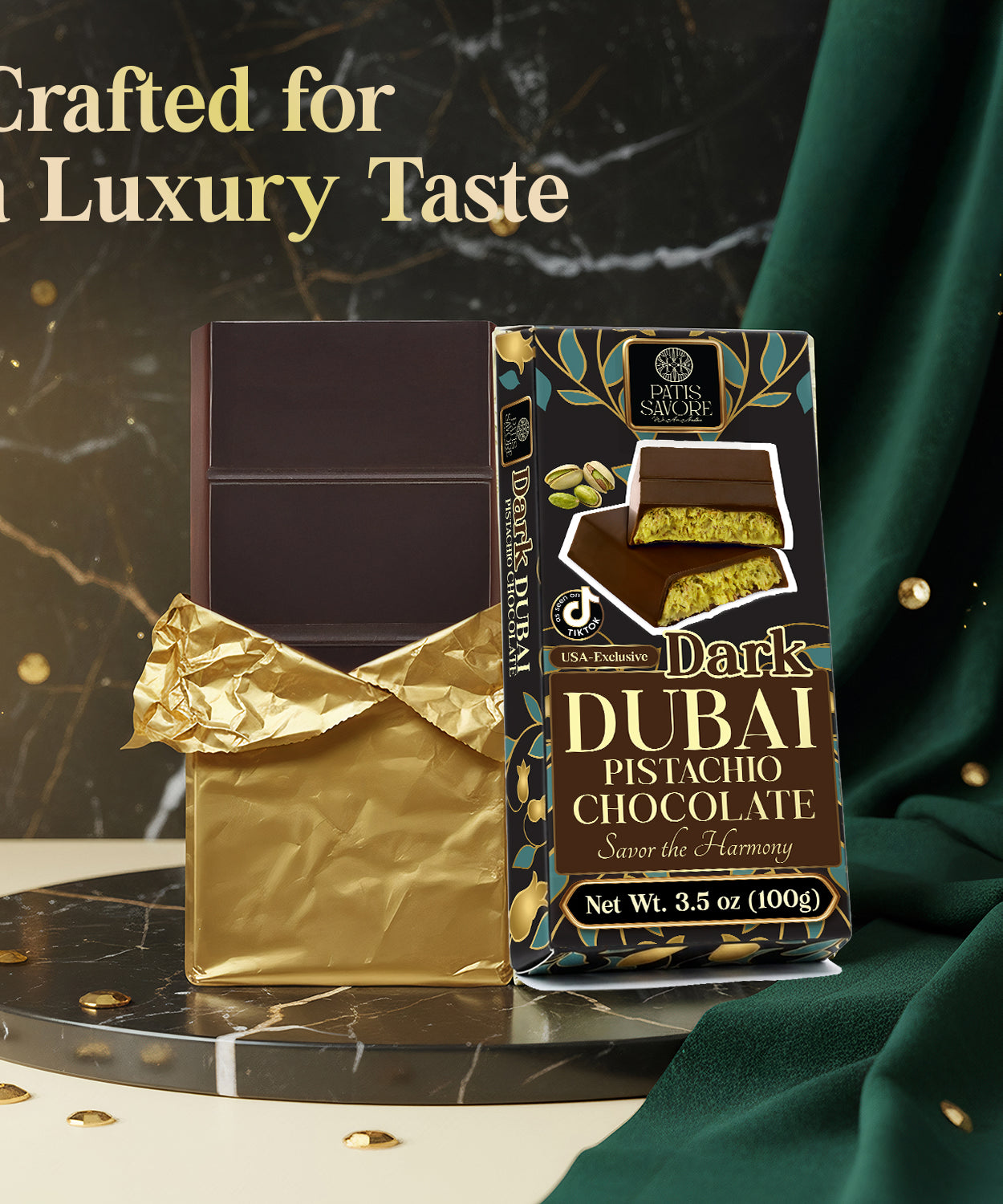 Dark Dubai Chocolate Bar – 3.5 oz Belgian Chocolate - Pistachio Cream and Crispy Kataifi