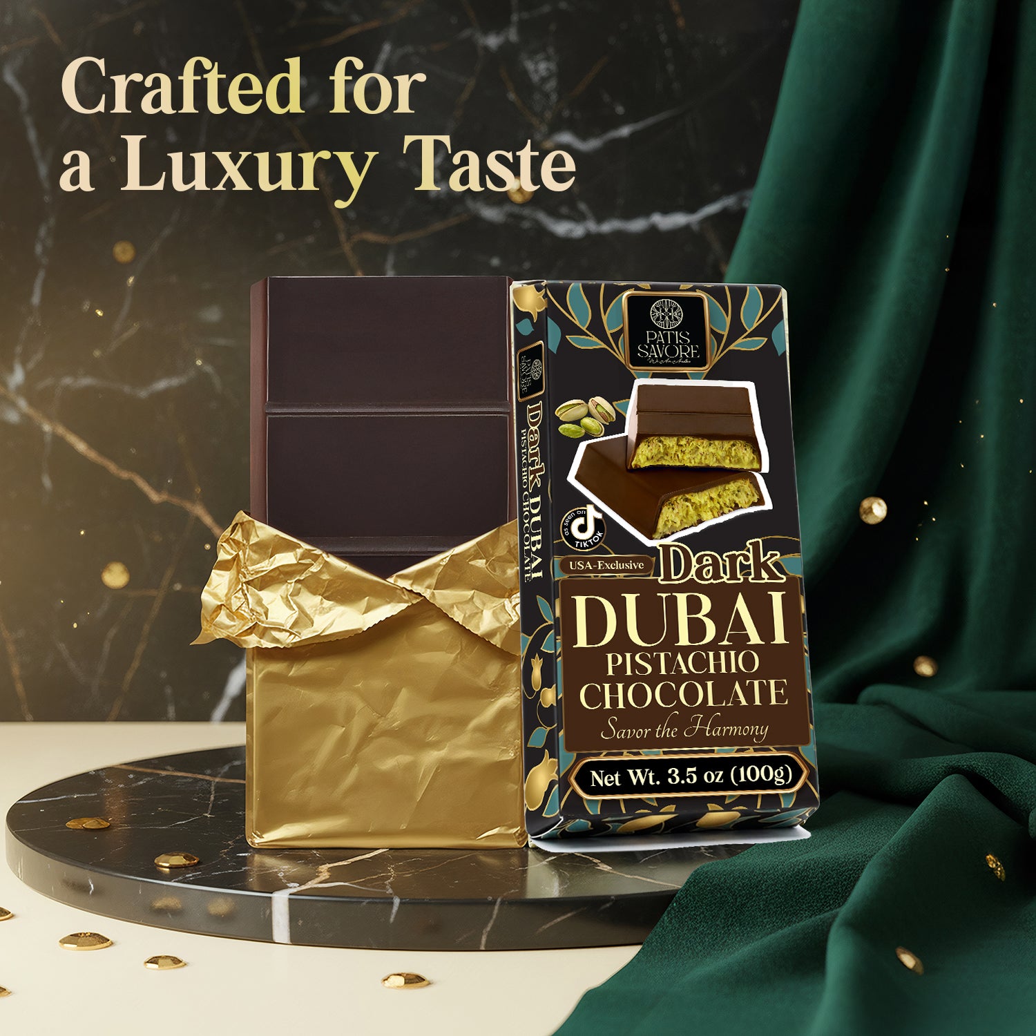 Dark Dubai Chocolate Bar – 3.5 oz Belgian Chocolate - Pistachio Cream and Crispy Kataifi