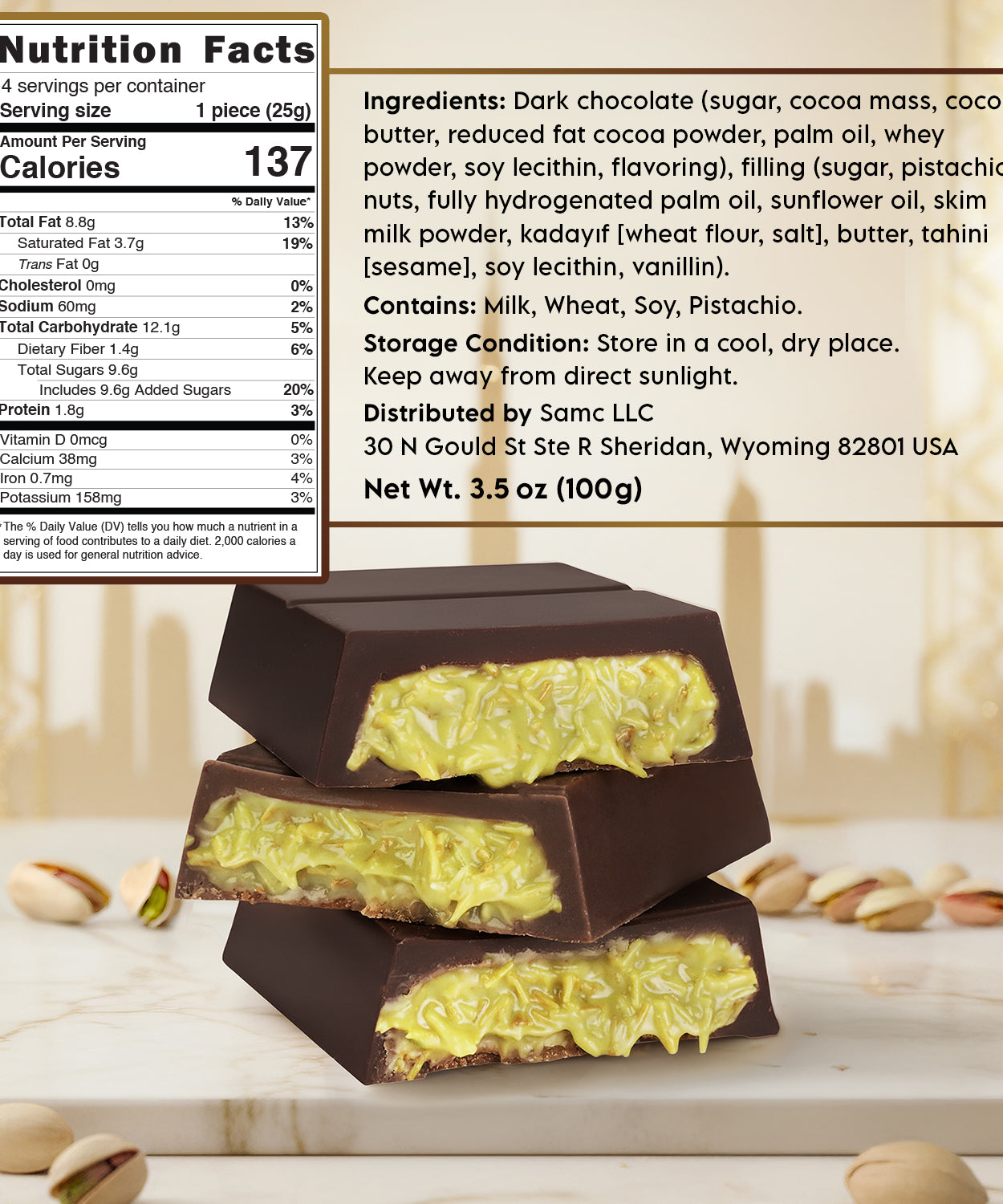 Dark Dubai Chocolate Bar – 3.5 oz Belgian Chocolate - Pistachio Cream and Crispy Kataifi