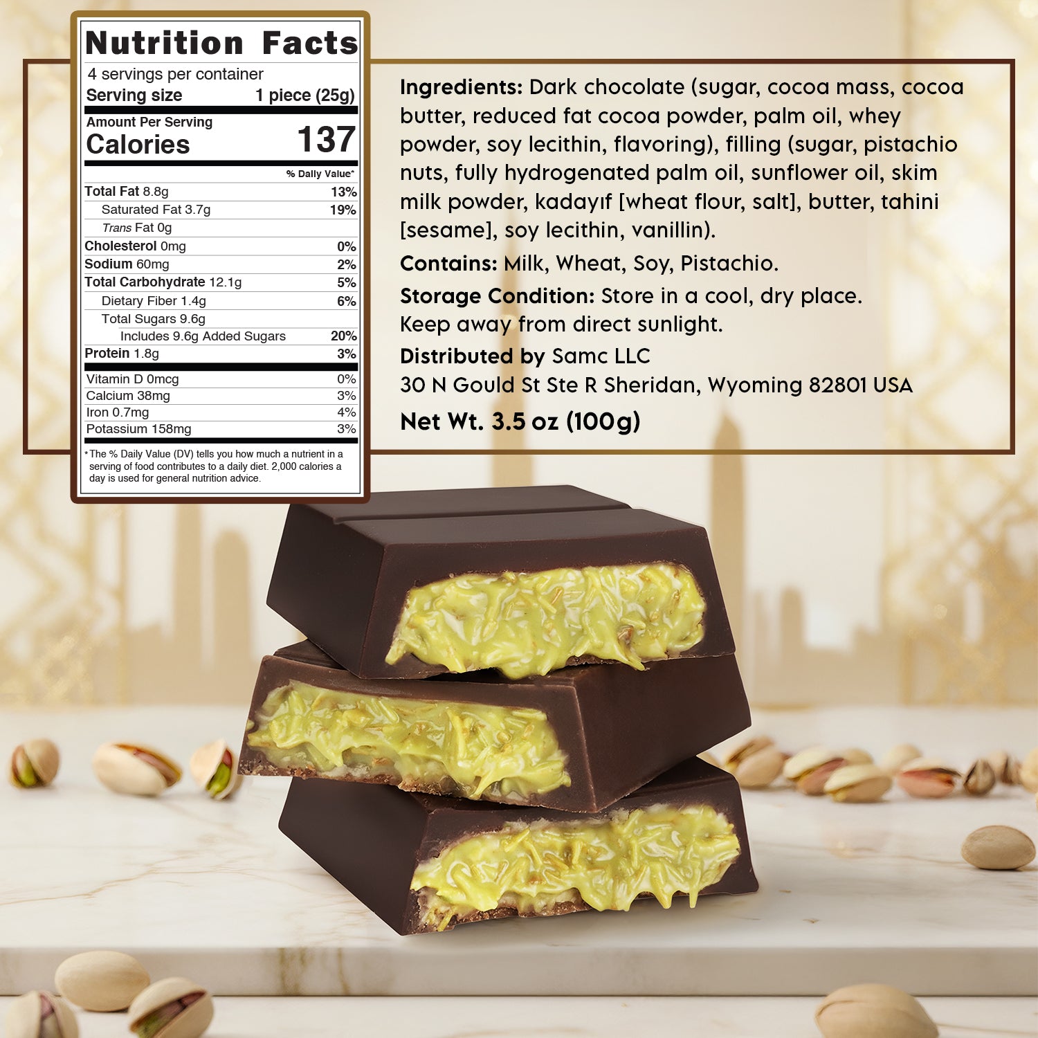 Dark Dubai Chocolate Bar – 3.5 oz Belgian Chocolate - Pistachio Cream and Crispy Kataifi