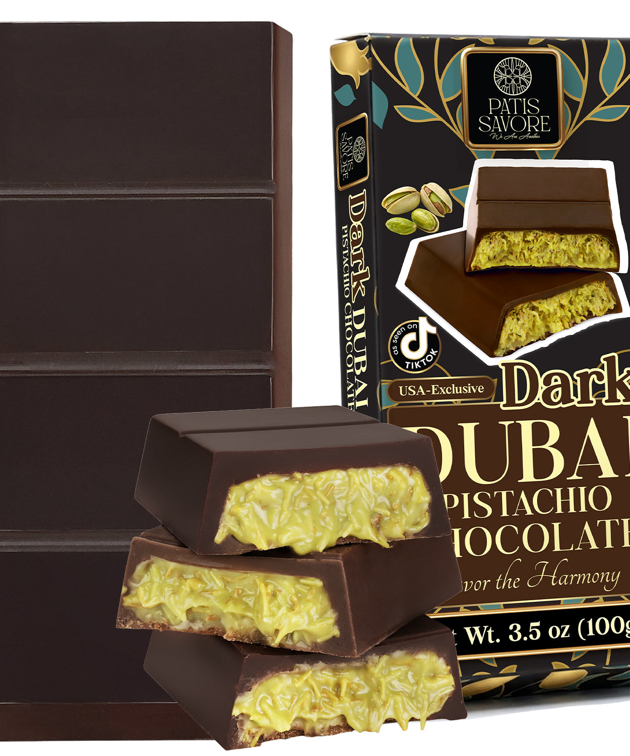 Dark Dubai Chocolate Bar – 3.5 oz Belgian Chocolate - Pistachio Cream and Crispy Kataifi