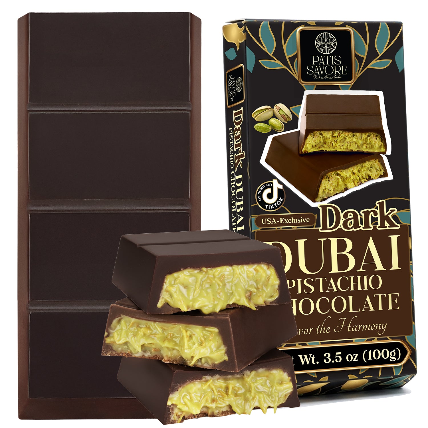Dark Dubai Chocolate Bar – 3.5 oz Belgian Chocolate - Pistachio Cream and Crispy Kataifi