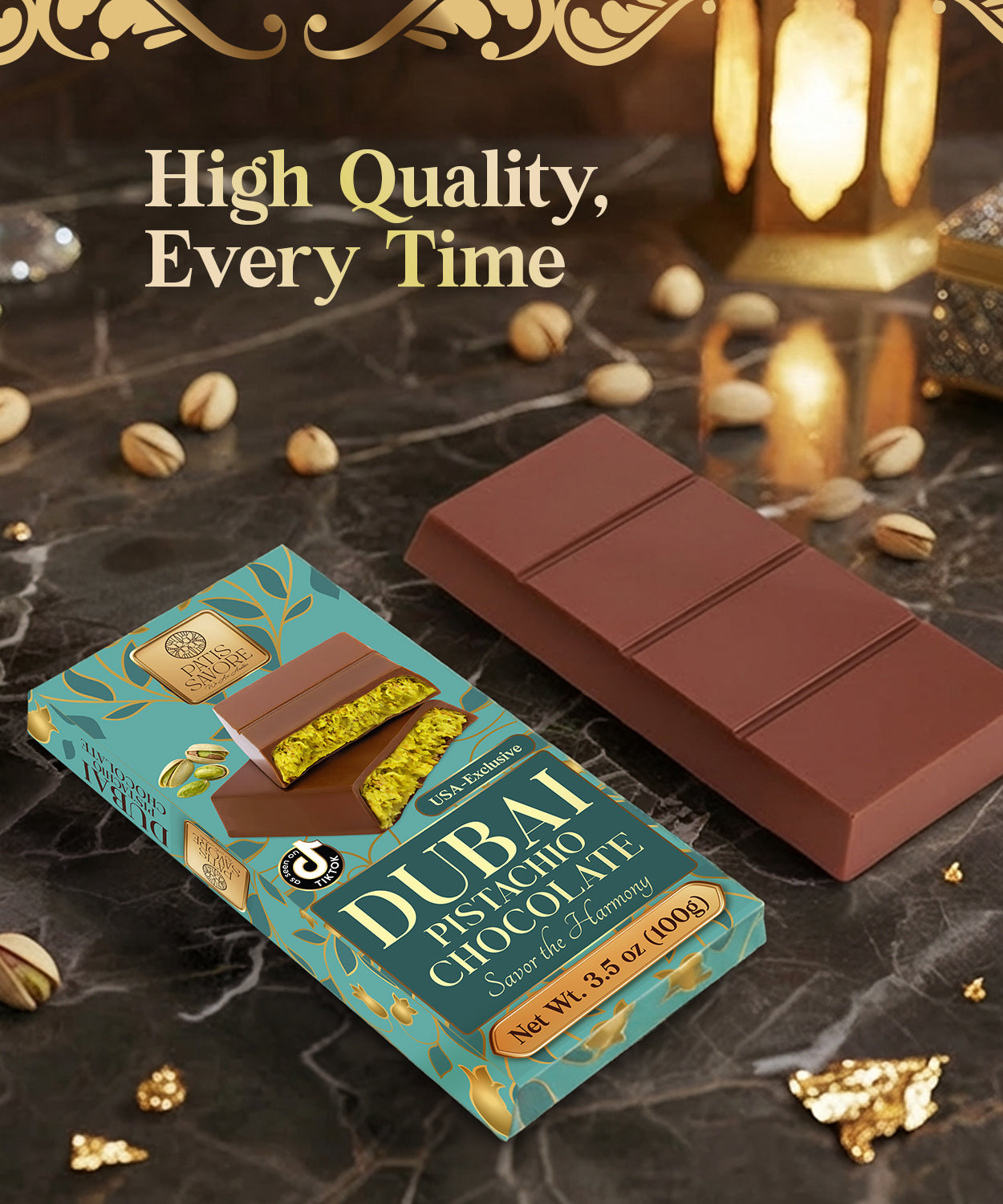 Dubai Chocolate Bar 3.5 oz - Milk Belgian Chocolate with Pistachio Cream & Kataifi