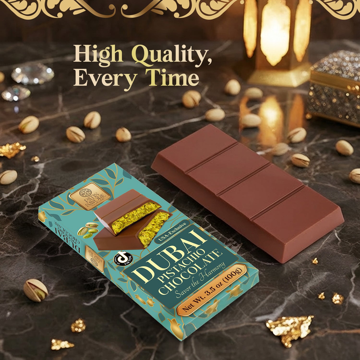 Dubai Chocolate Bar 3.5 oz - Milk Belgian Chocolate with Pistachio Cream & Kataifi