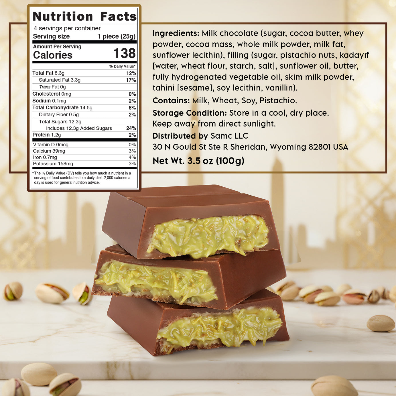 2 Pack Premium Milk Dubai Chocolate with Pistachio Cream & Crispy Kataifi, 3.5 oz Each