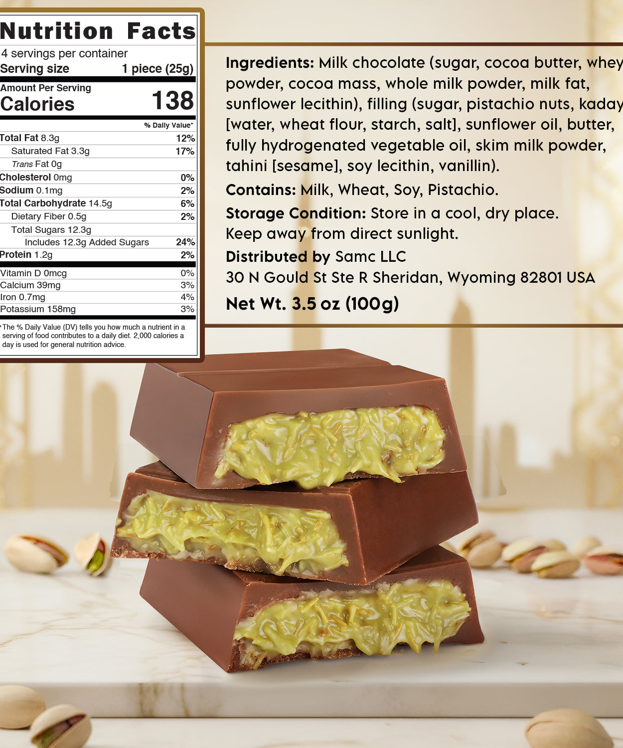 Dubai Chocolate Bar 3.5 oz - Milk Belgian Chocolate with Pistachio Cream & Kataifi