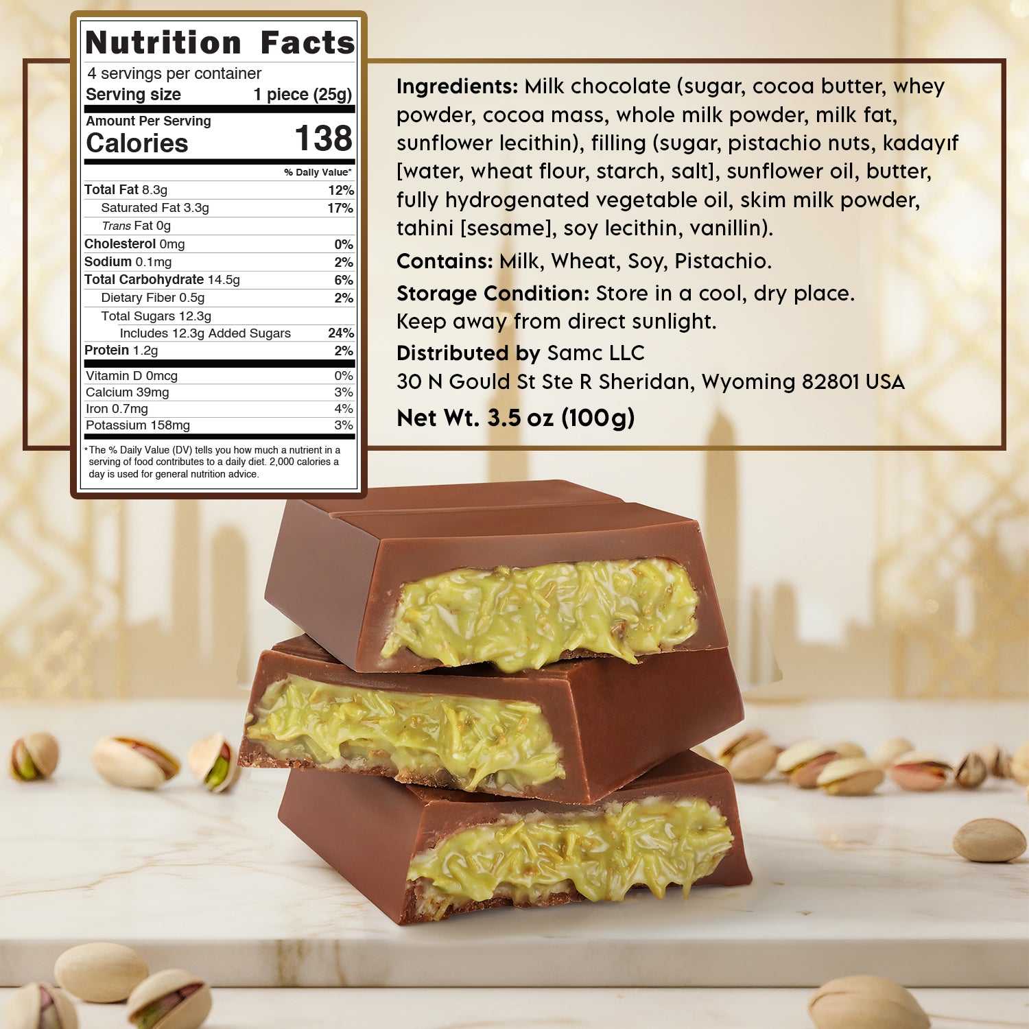 Dubai Chocolate Bar 3.5 oz - Milk Belgian Chocolate with Pistachio Cream & Kataifi