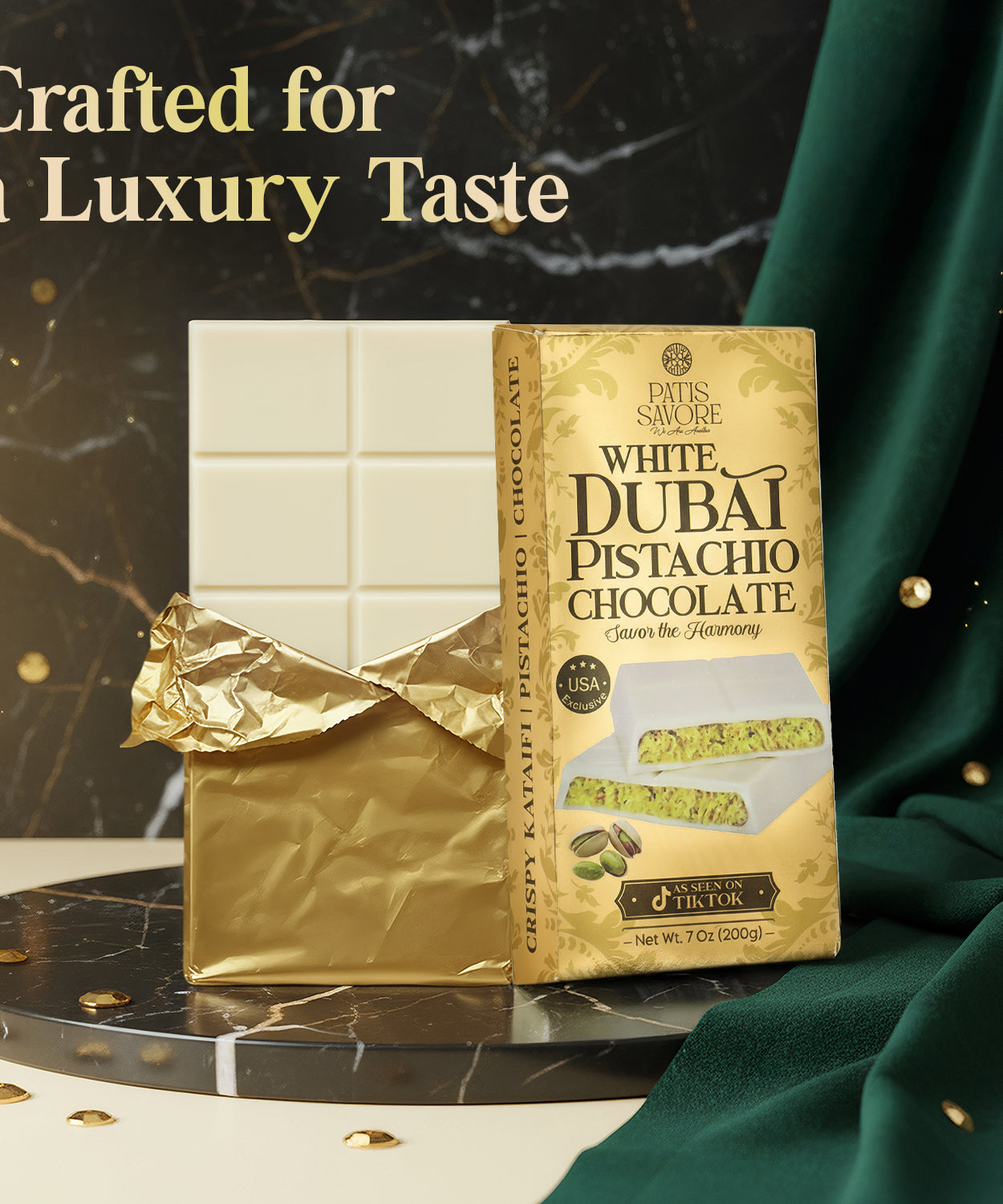 White Dubai Chocolate Bar 7 oz with Pistachio Filling & Kataifi - Belgian Chocolate