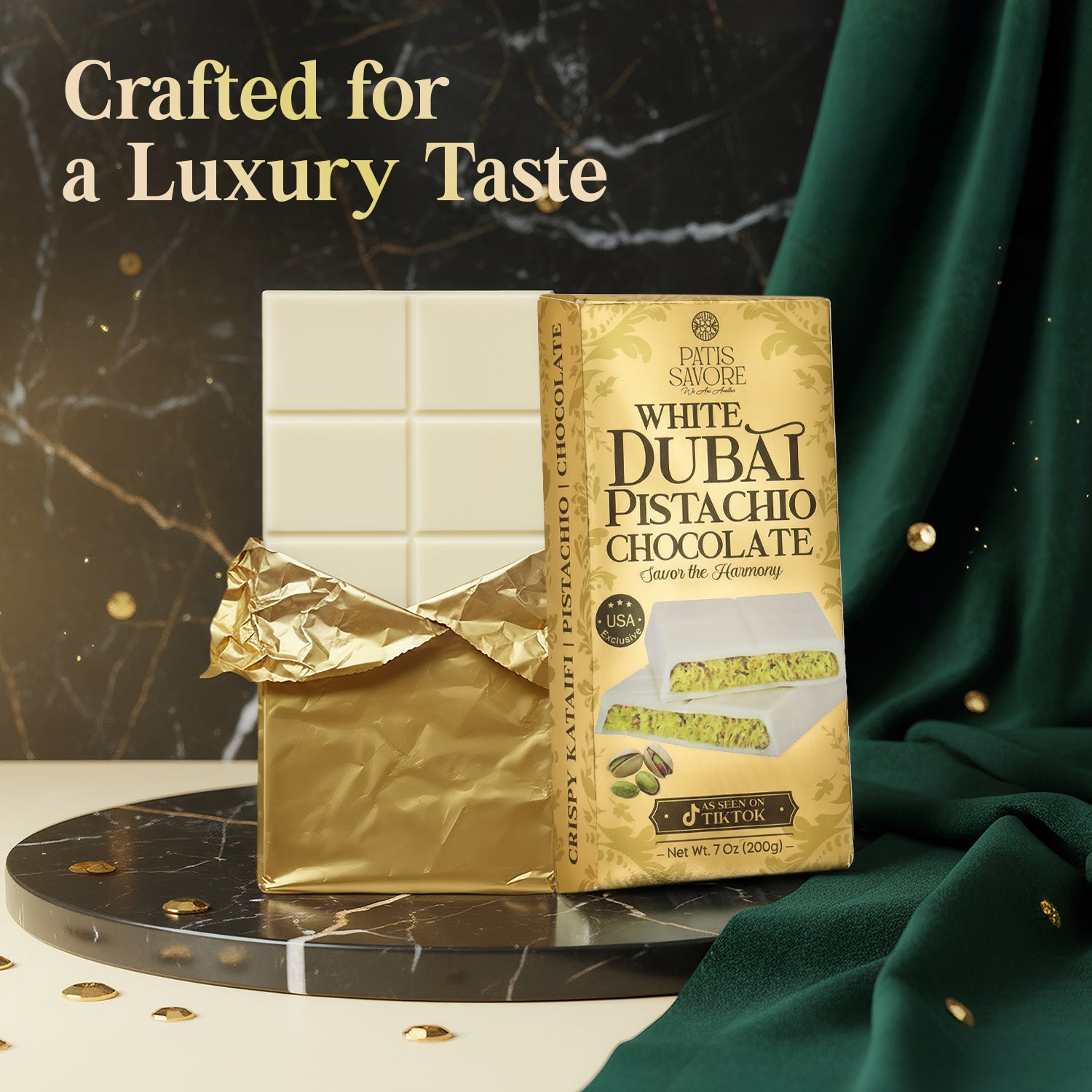 White Dubai Chocolate Bar 7 oz with Pistachio Filling & Kataifi - Belgian Chocolate