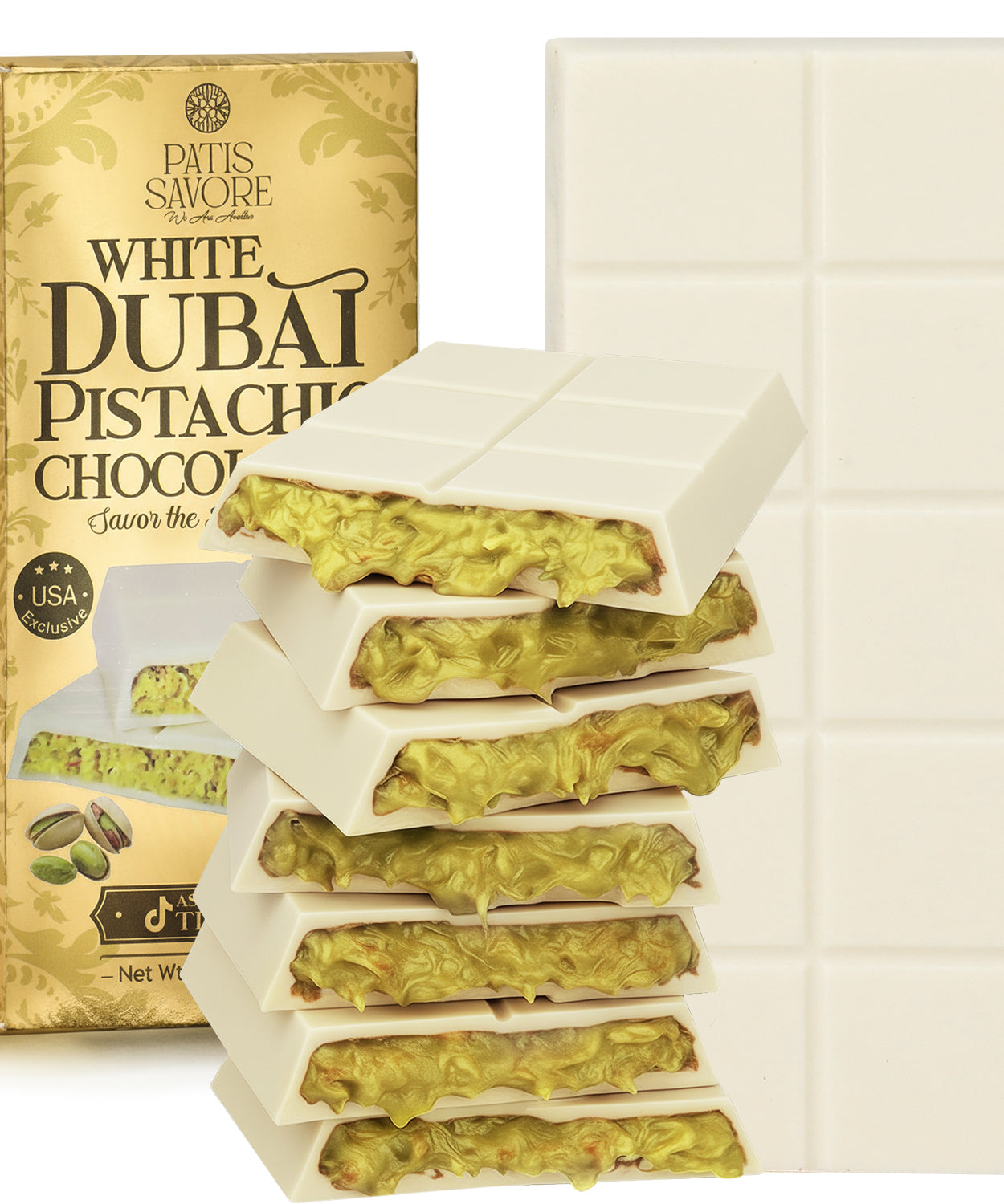 White Dubai Chocolate Bar 7 oz with Pistachio Filling & Kataifi - Belgian Chocolate