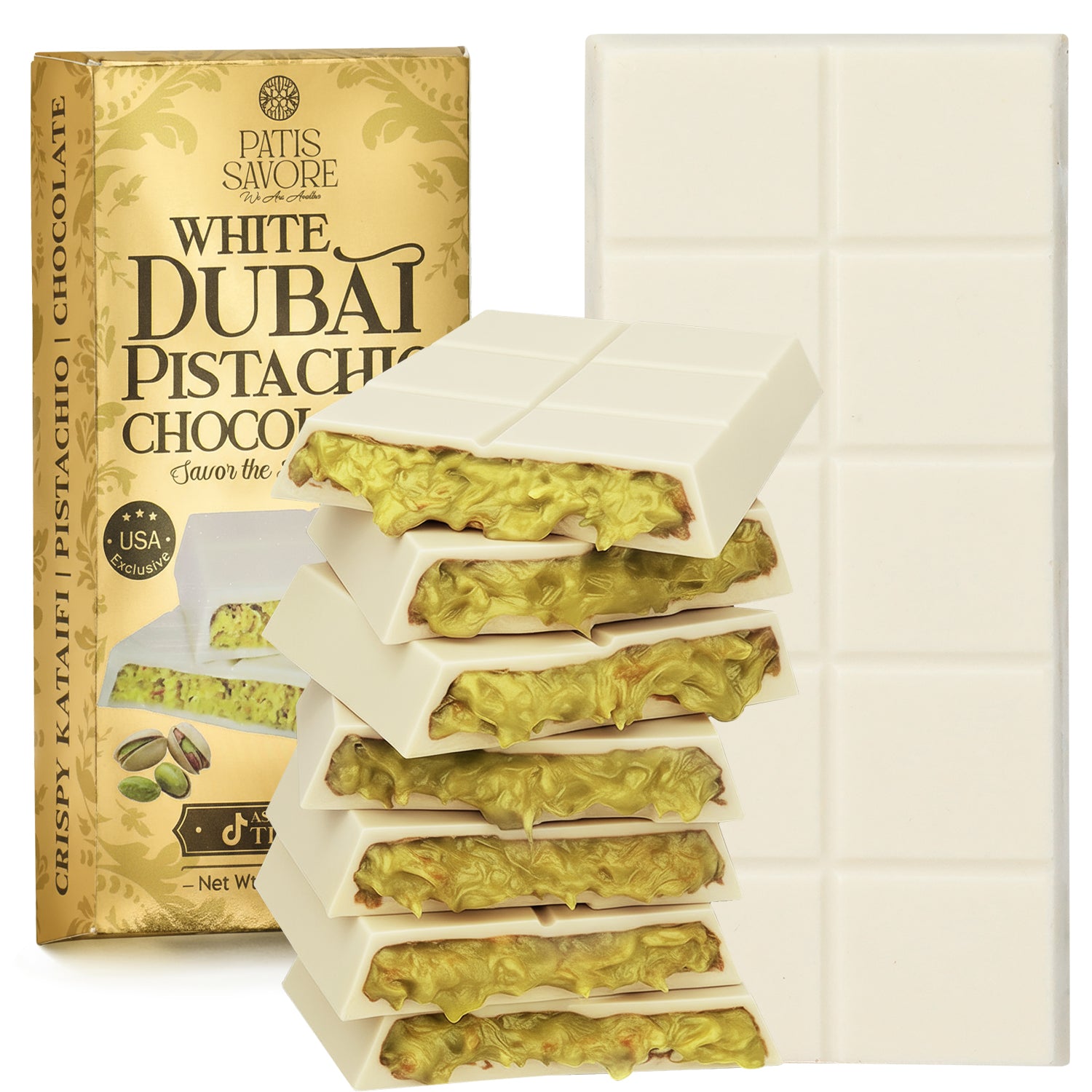 White Dubai Chocolate Bar 7 oz with Pistachio Filling & Kataifi - Belgian Chocolate