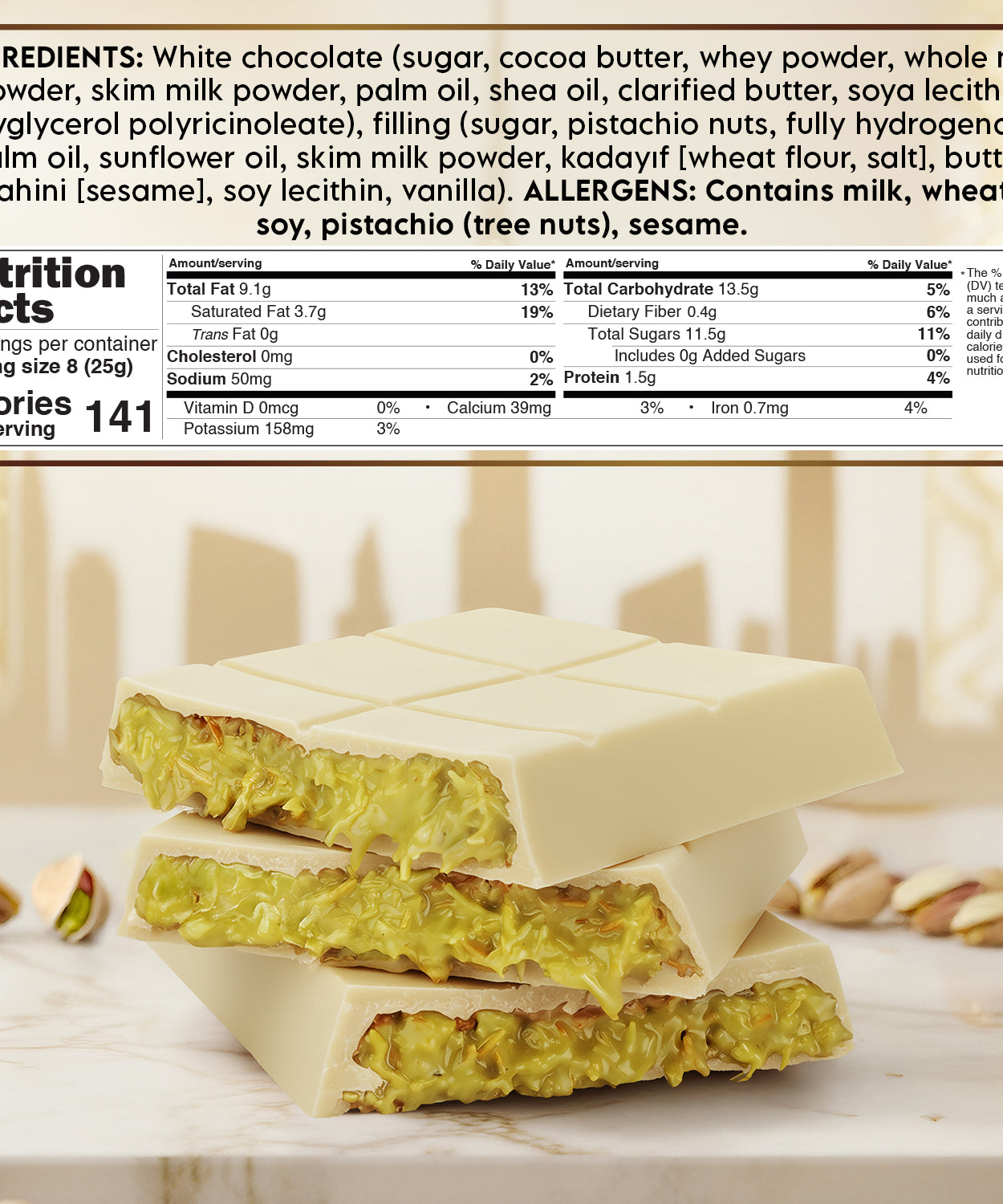 White Dubai Chocolate Bar 7 oz with Pistachio Filling & Kataifi - Belgian Chocolate