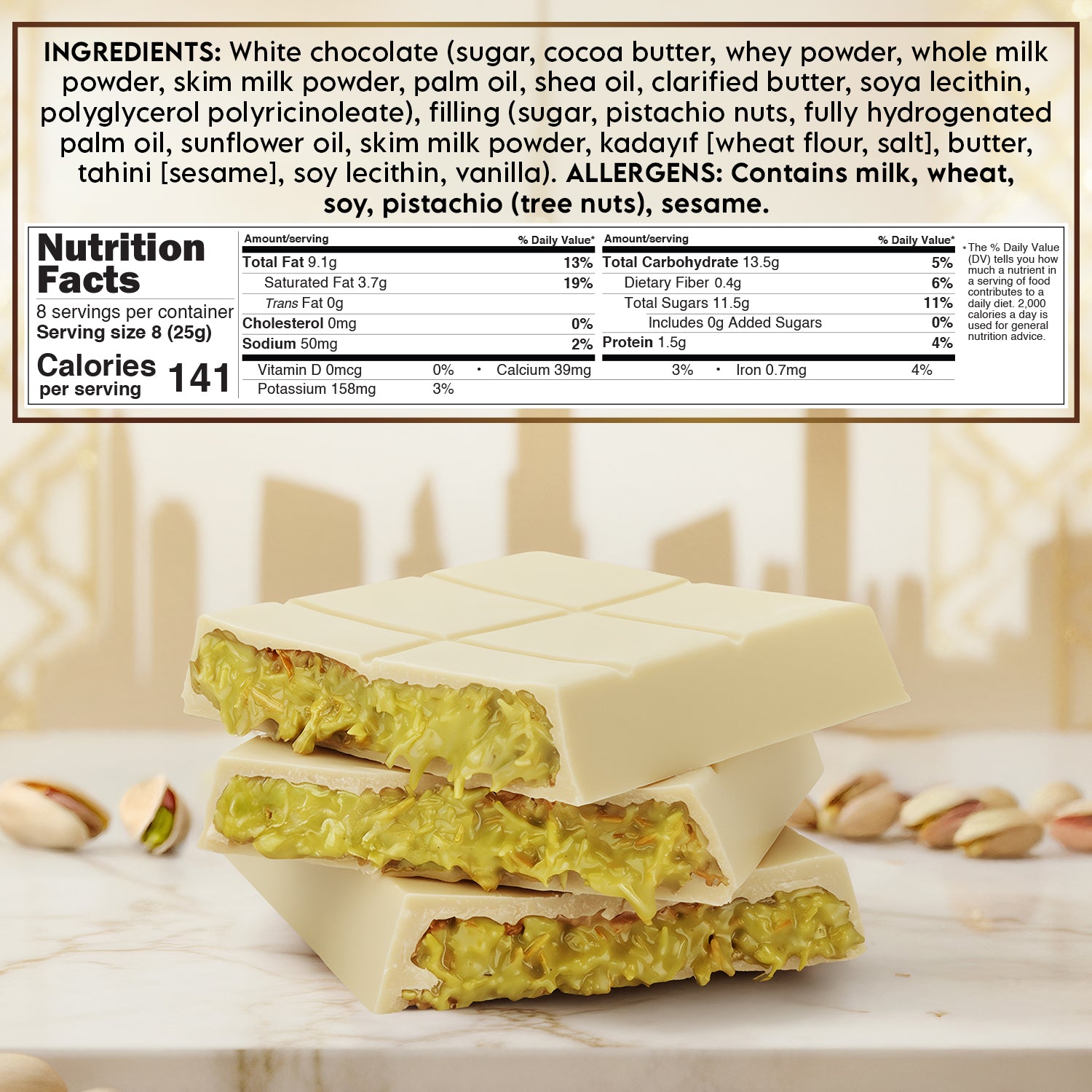 White Dubai Chocolate Bar 7 oz with Pistachio Filling & Kataifi - Belgian Chocolate