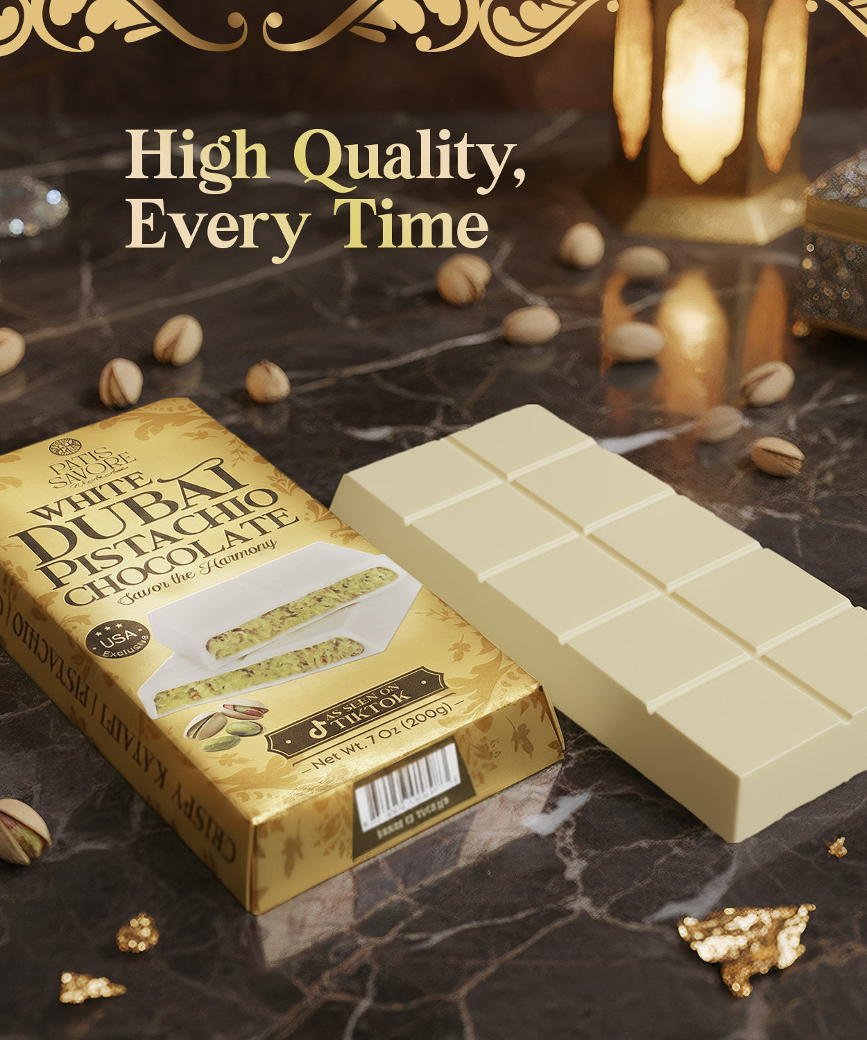 White Dubai Chocolate Bar 7 oz with Pistachio Filling & Kataifi - Belgian Chocolate