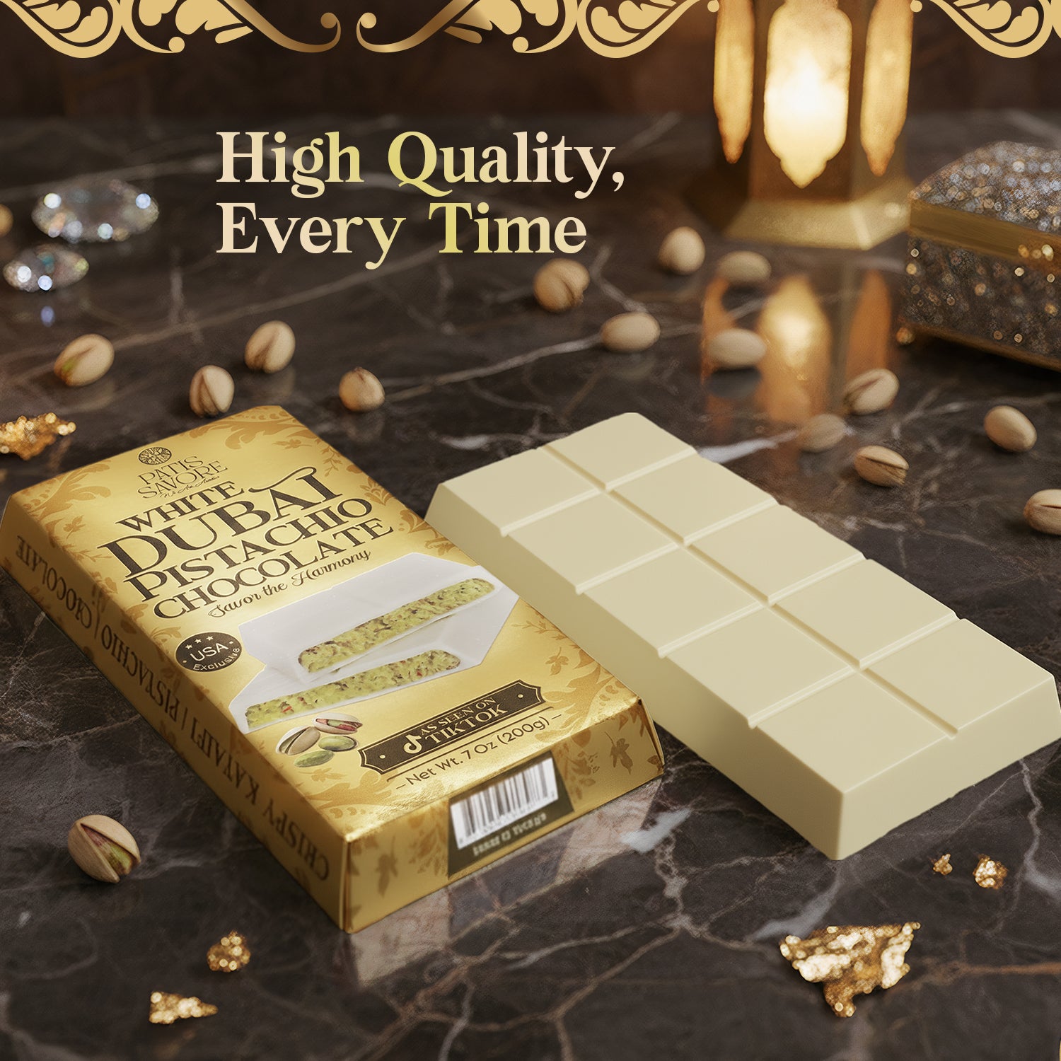 White Dubai Chocolate Bar 7 oz with Pistachio Filling & Kataifi - Belgian Chocolate