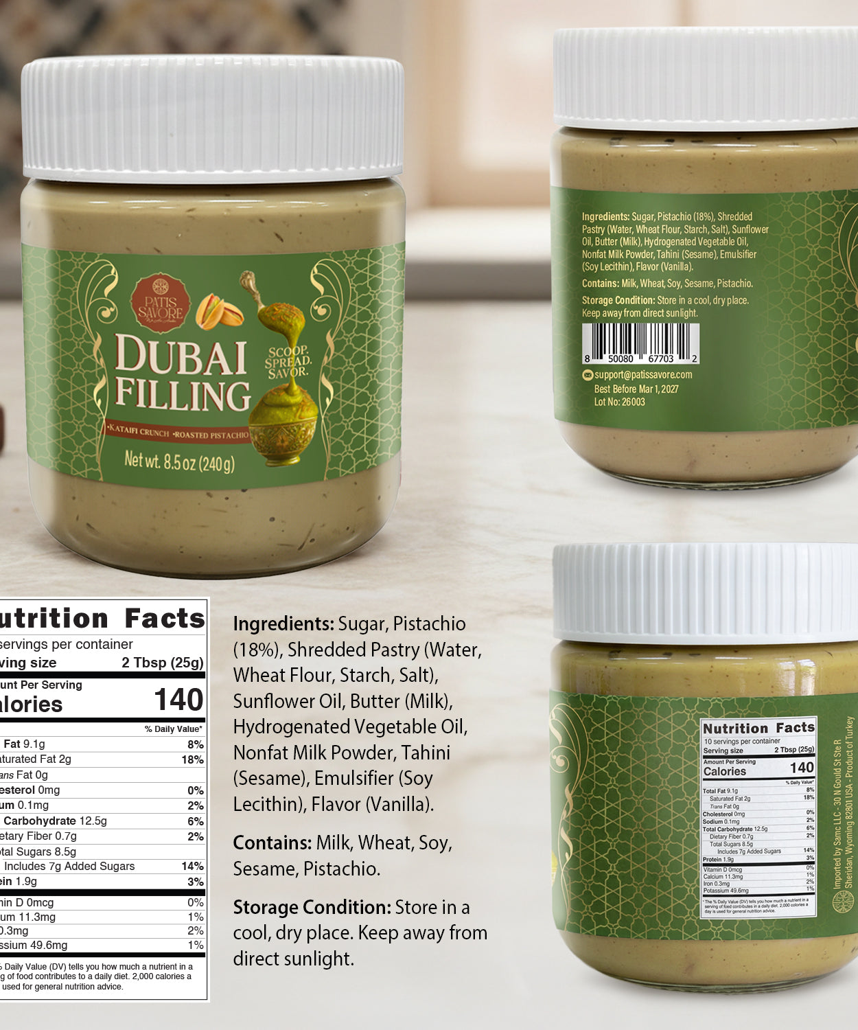 Dubai Chocolate Filling, 8.5 oz Pistachio Cream & Baked Kataifi Mixture