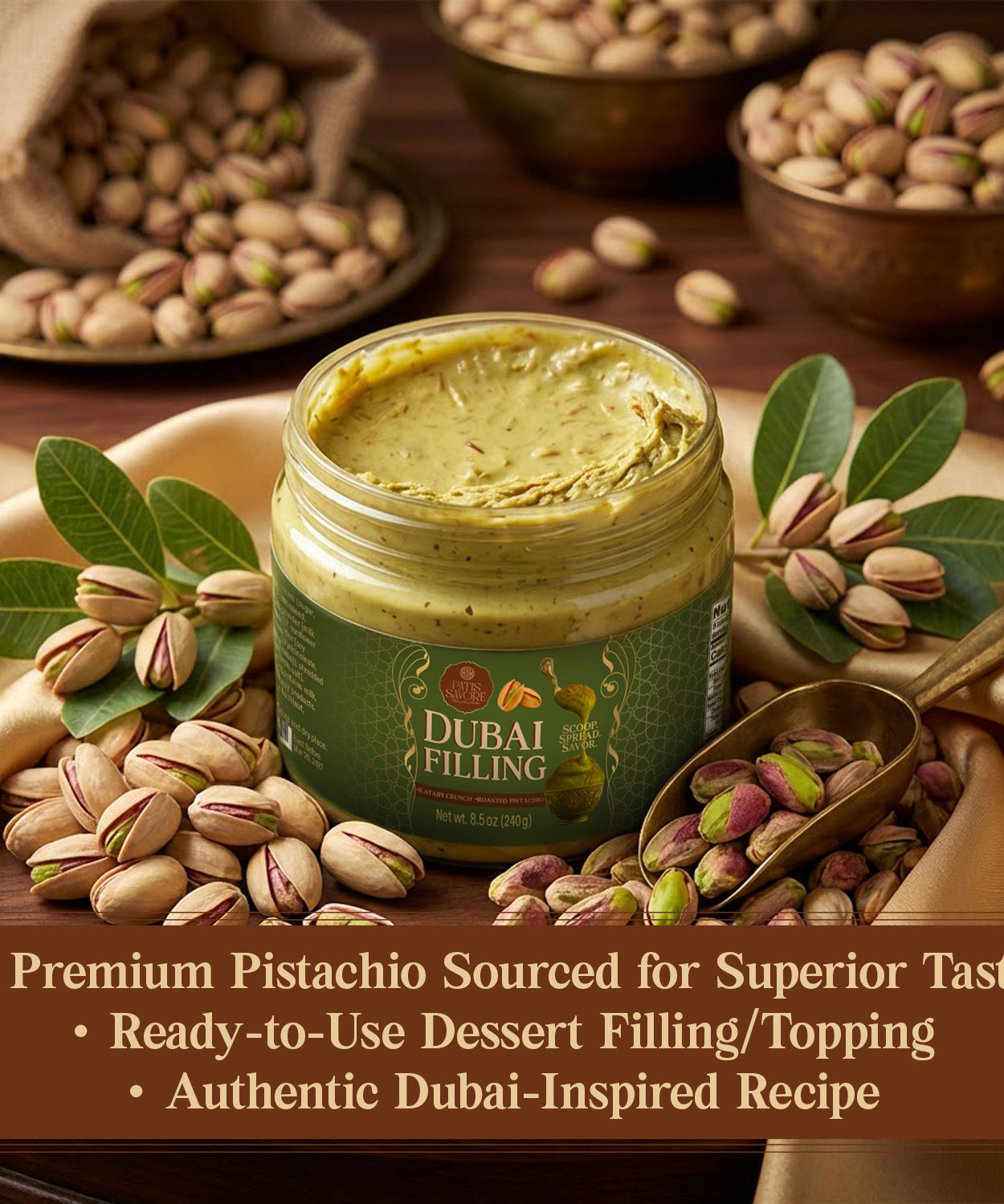 Dubai Chocolate Filling, 8.5 oz Pistachio Cream & Baked Kataifi Mixture