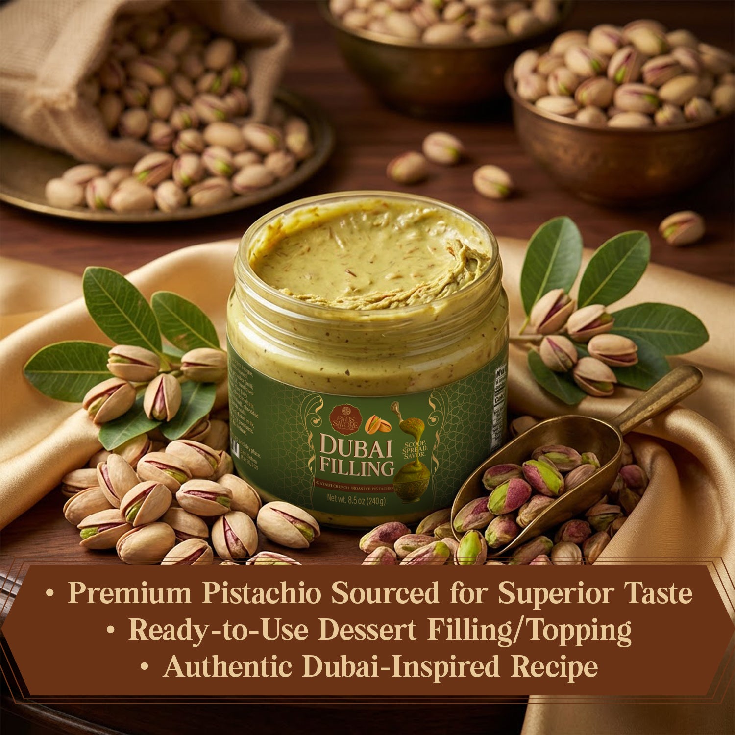 Dubai Chocolate Filling, 8.5 oz Pistachio Cream & Baked Kataifi Mixture
