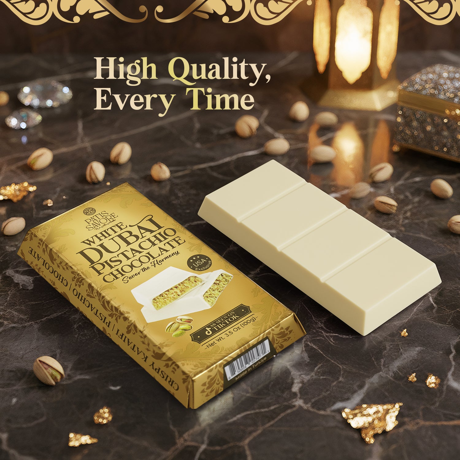 White Dubai Chocolate Bar 3.5 oz – Belgian Chocolate