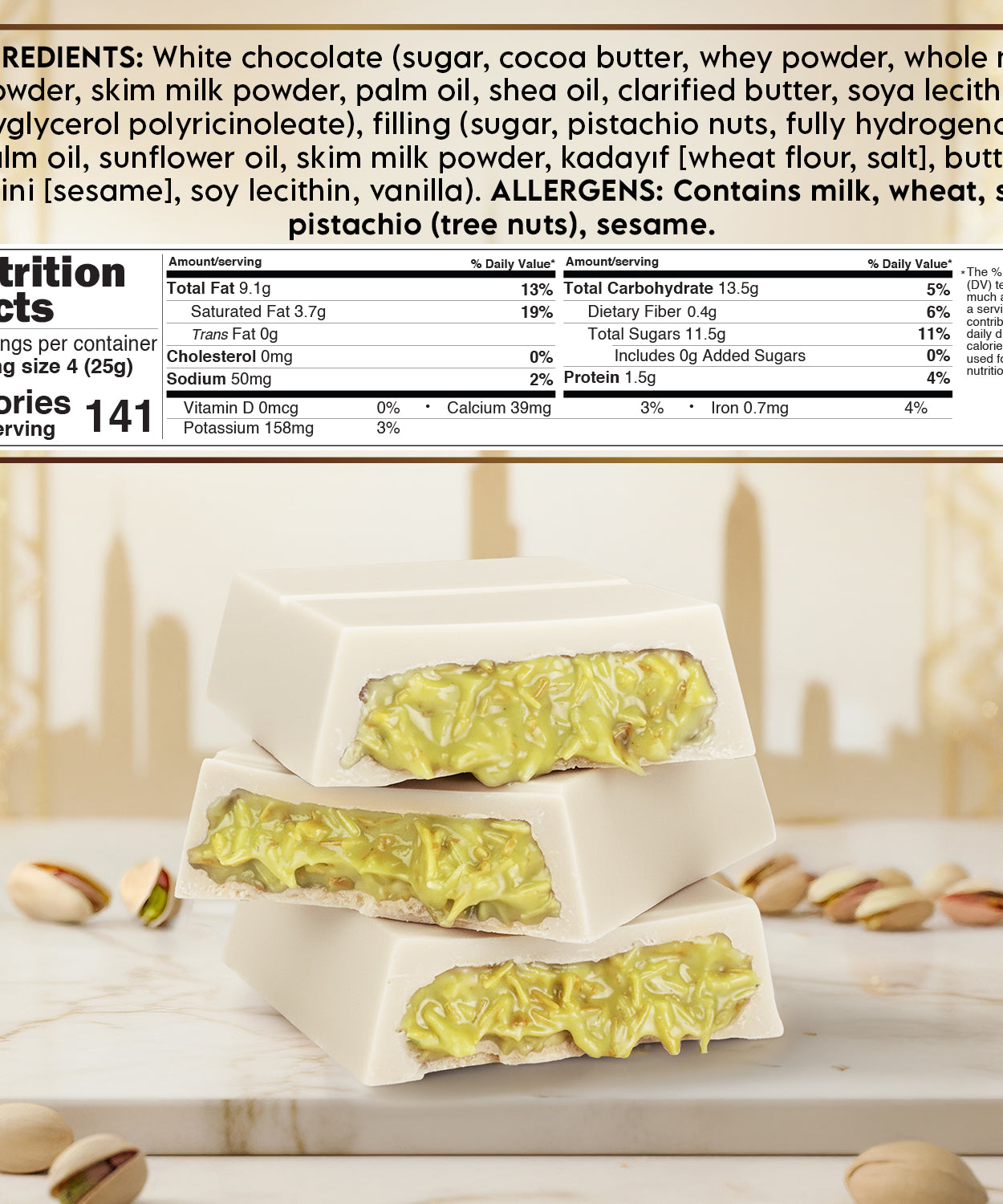 White Dubai Chocolate Bar 3.5 oz – Belgian Chocolate