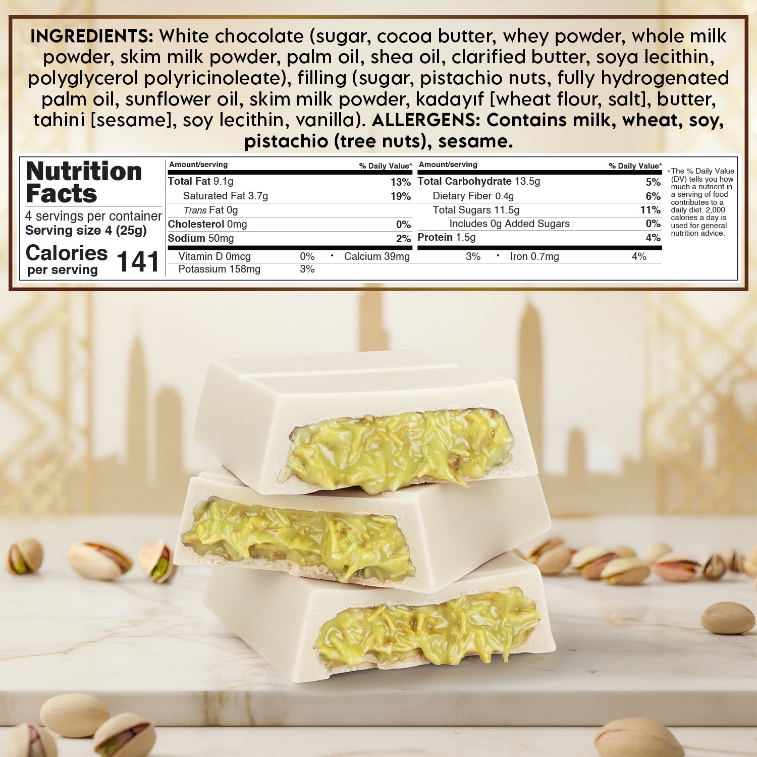 White Dubai Chocolate Bar 3.5 oz – Belgian Chocolate
