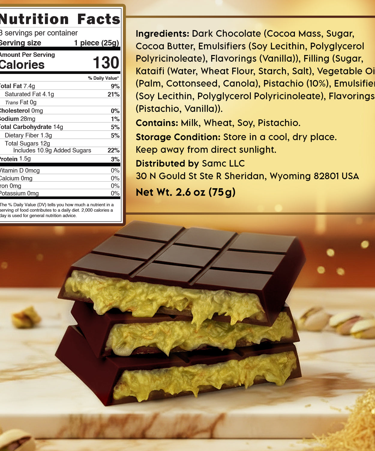 Dubai Dark Chocolate Bar – 2.6 oz Elegant Gift Chocolate