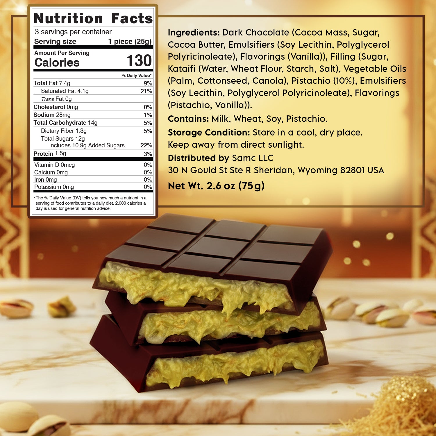 Dubai Dark Chocolate Bar – 2.6 oz Elegant Gift Chocolate