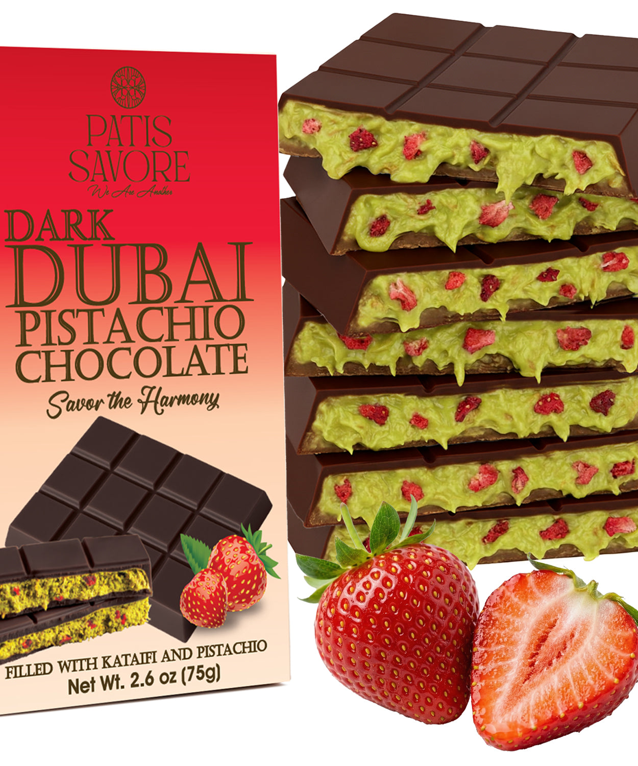 Strawberry Dark Dubai Chocolate Bar with Strawberry – 2.6 oz