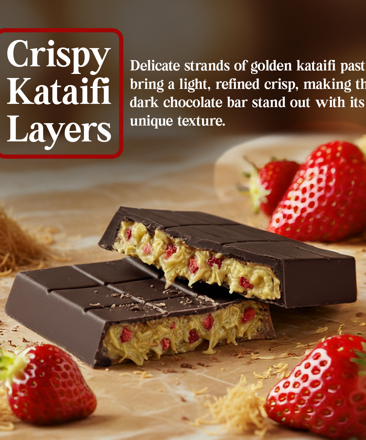 Strawberry Dark Dubai Chocolate Bar with Strawberry – 2.6 oz