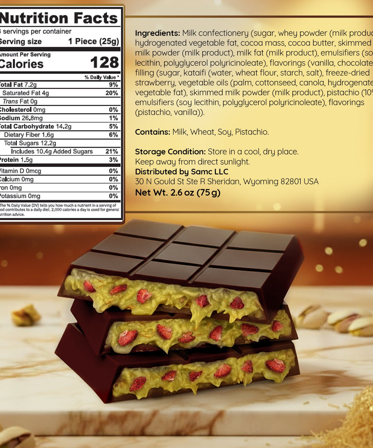 Strawberry Dark Dubai Chocolate Bar with Strawberry – 2.6 oz