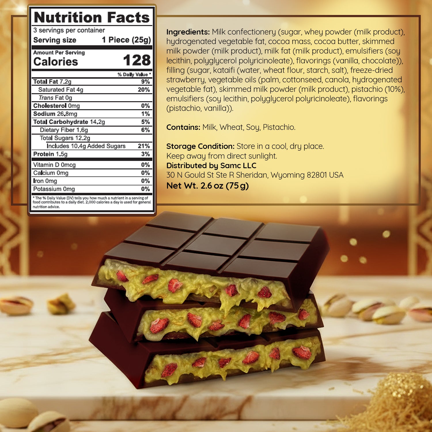 Strawberry Dark Dubai Chocolate Bar with Strawberry – 2.6 oz