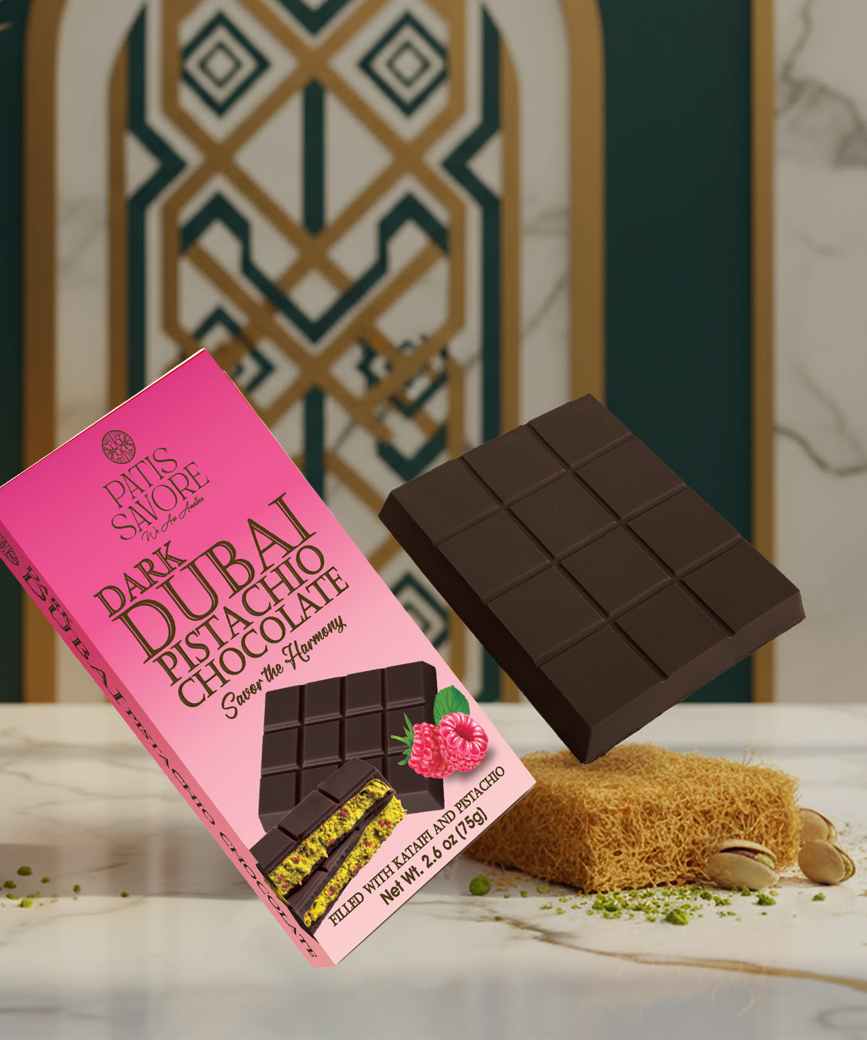 Raspberry Dark Dubai Chocolate Bar with Freeze-Dried Raspberry Pieces – 2.6 oz