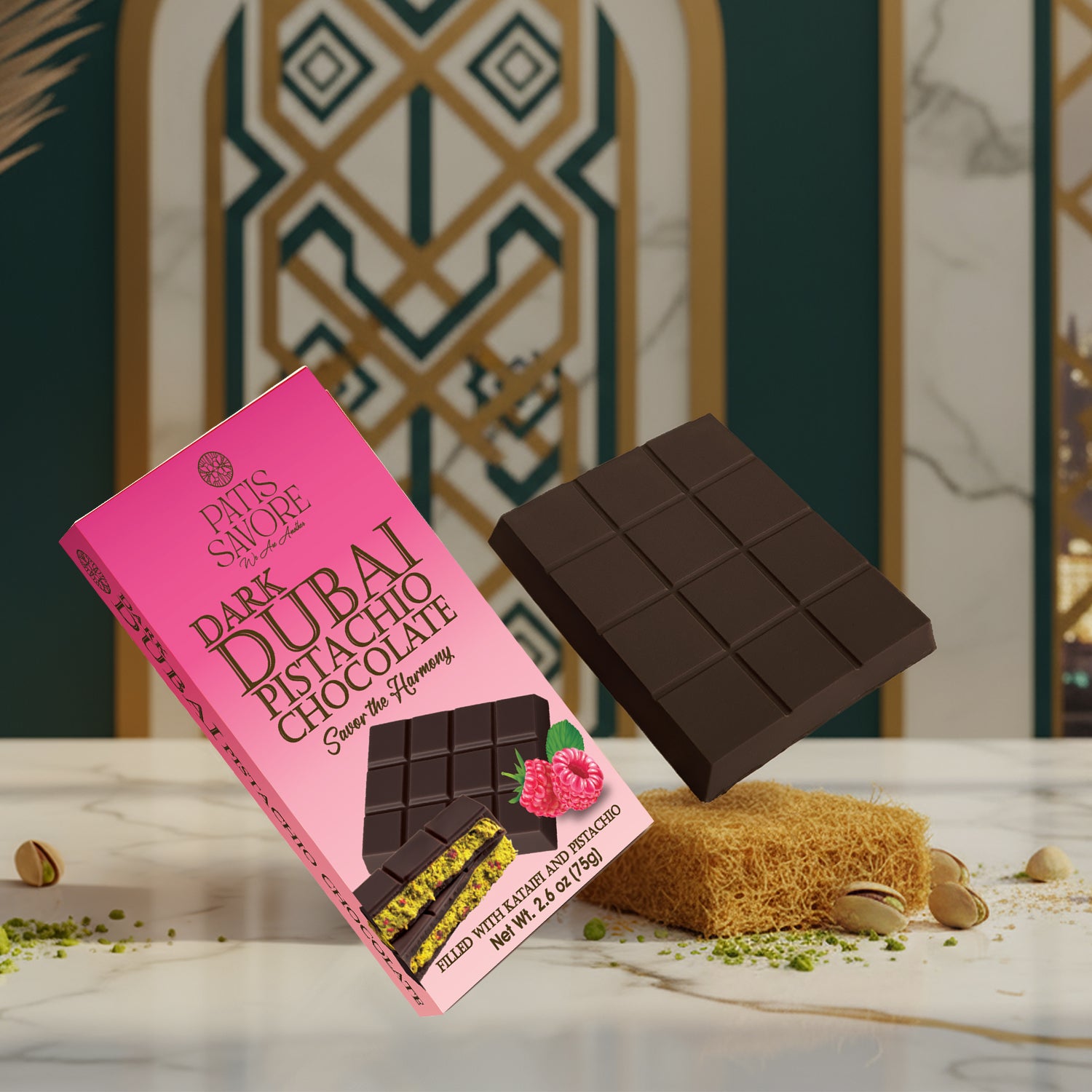 Raspberry Dark Dubai Chocolate Bar with Freeze-Dried Raspberry Pieces – 2.6 oz