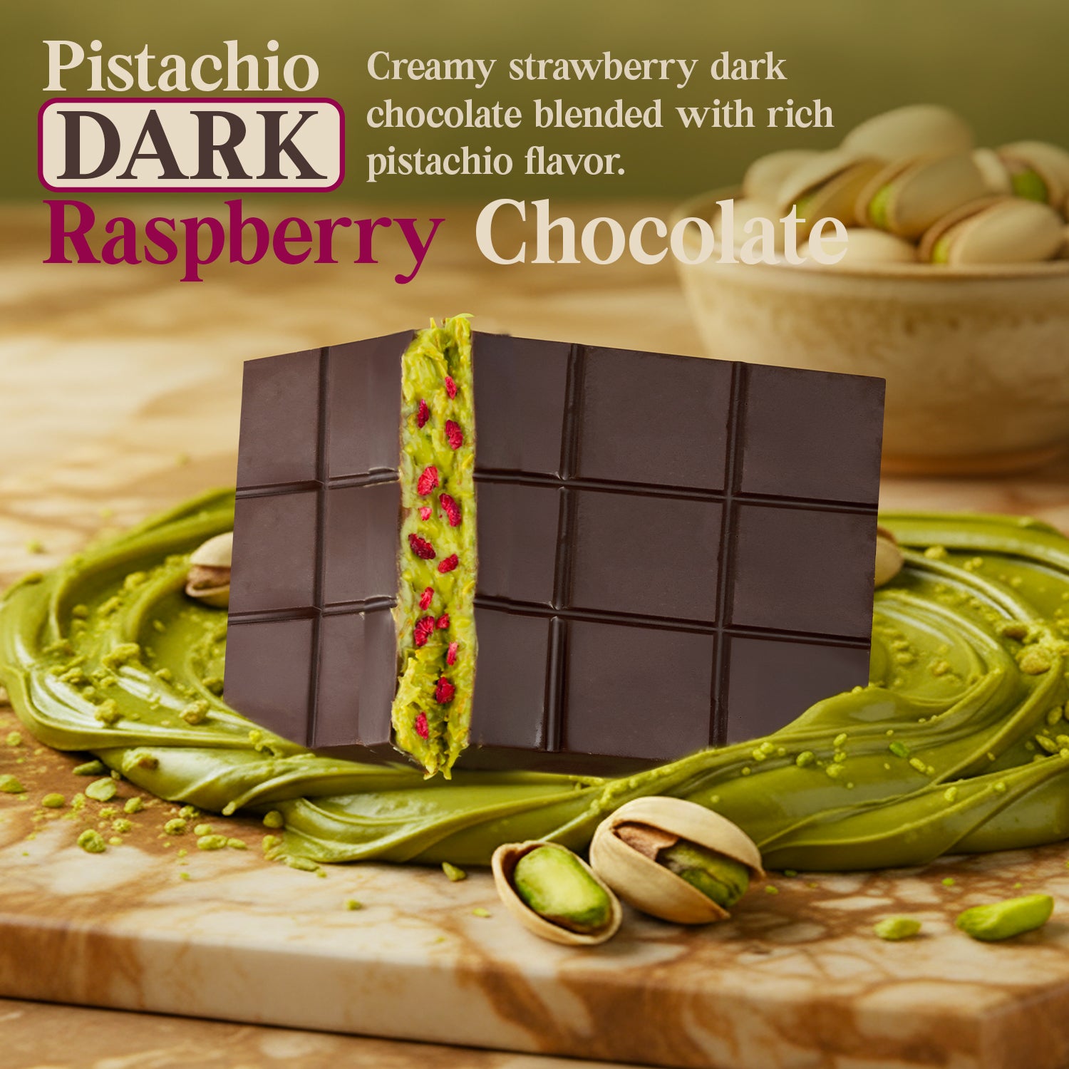 Raspberry Dark Dubai Chocolate Bar with Freeze-Dried Raspberry Pieces – 2.6 oz