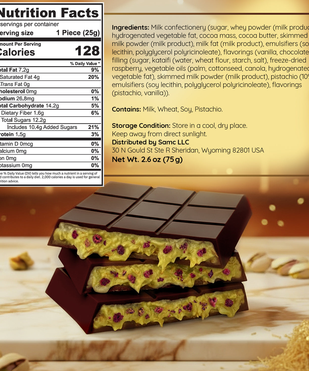 Raspberry Dark Dubai Chocolate Bar with Freeze-Dried Raspberry Pieces – 2.6 oz
