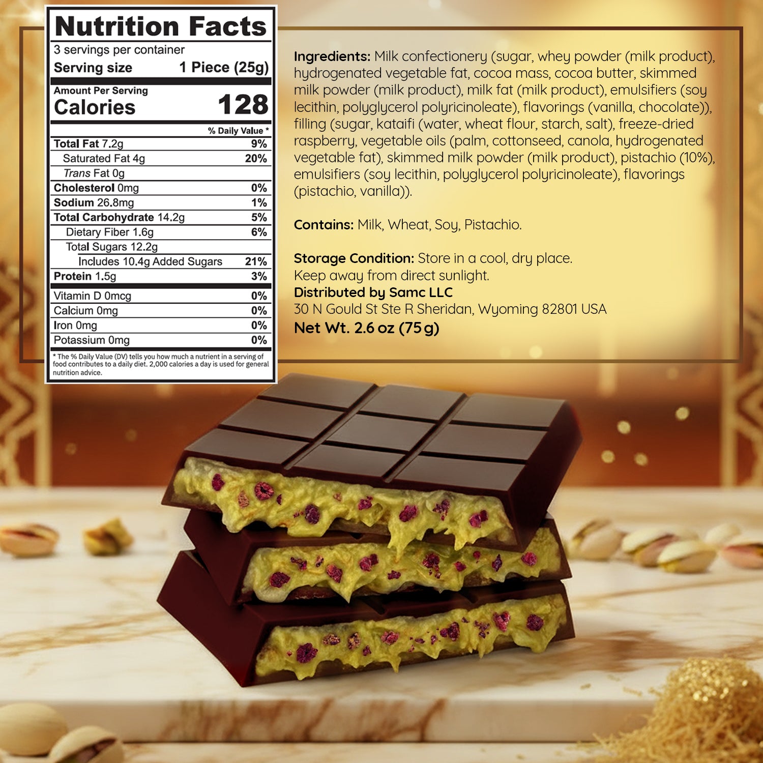 Raspberry Dark Dubai Chocolate Bar with Freeze-Dried Raspberry Pieces – 2.6 oz