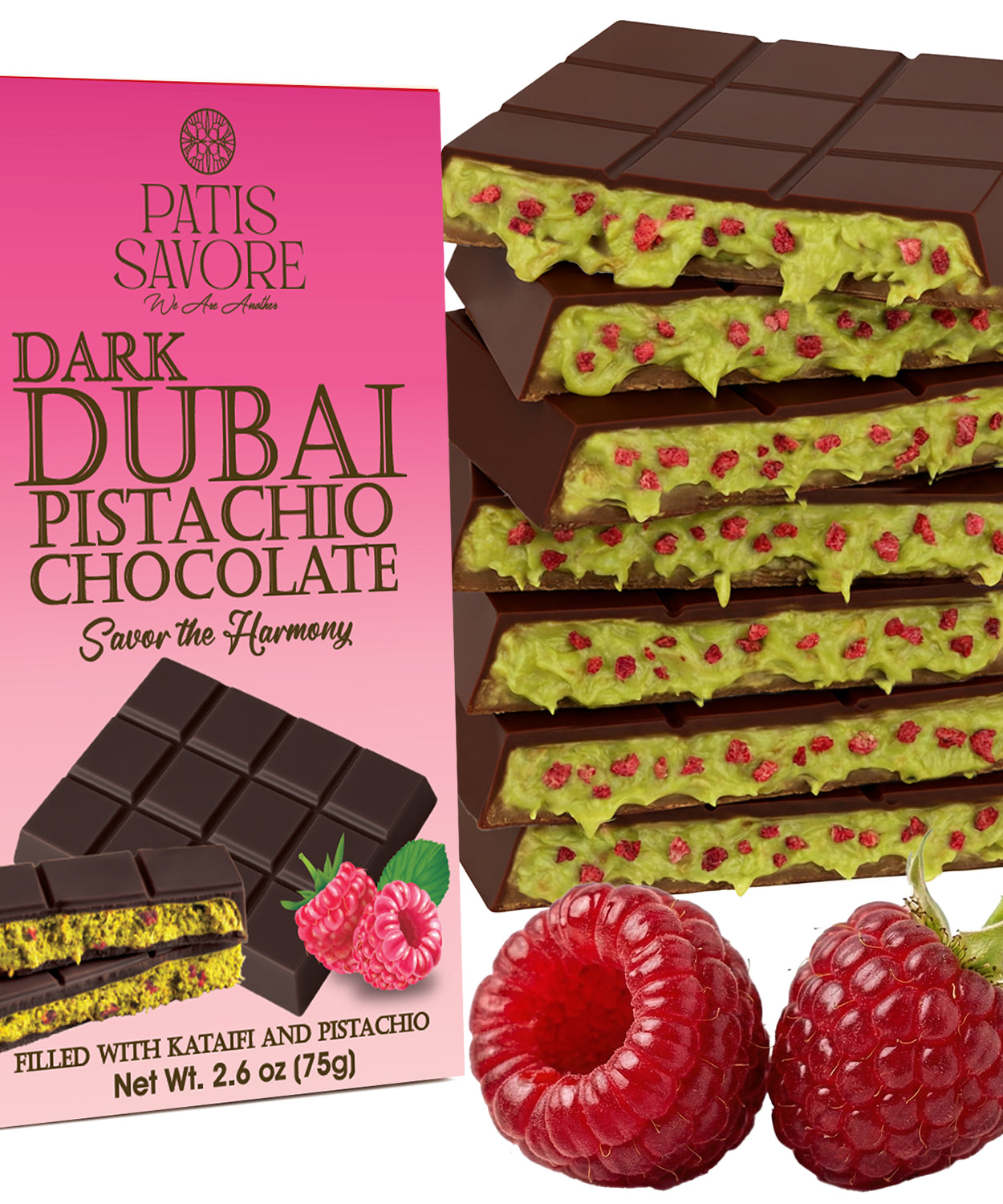 Raspberry Dark Dubai Chocolate Bar with Freeze-Dried Raspberry Pieces – 2.6 oz