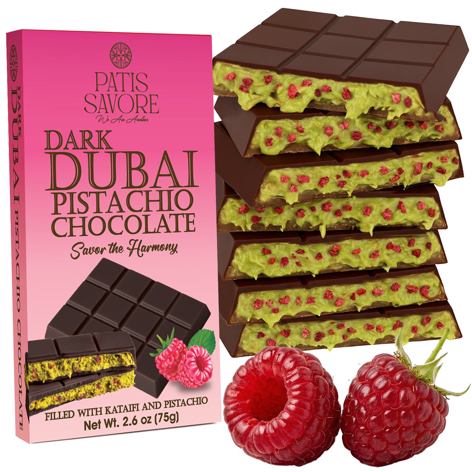 Raspberry Dark Dubai Chocolate Bar with Freeze-Dried Raspberry Pieces – 2.6 oz