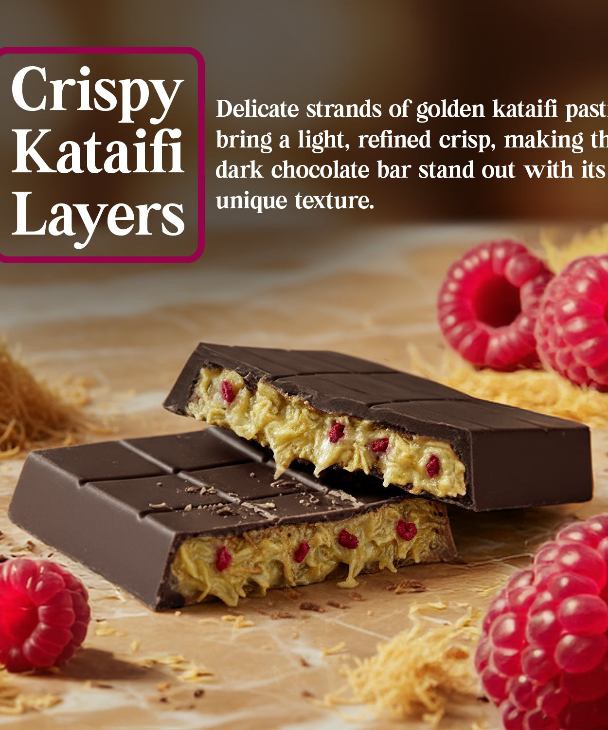Raspberry Dark Dubai Chocolate Bar with Freeze-Dried Raspberry Pieces – 2.6 oz