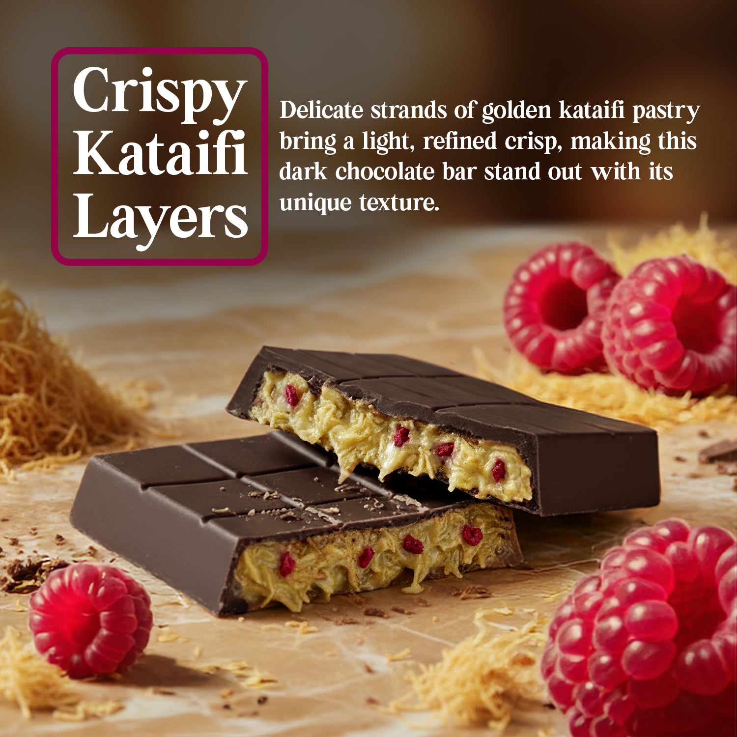 Raspberry Dark Dubai Chocolate Bar with Freeze-Dried Raspberry Pieces – 2.6 oz