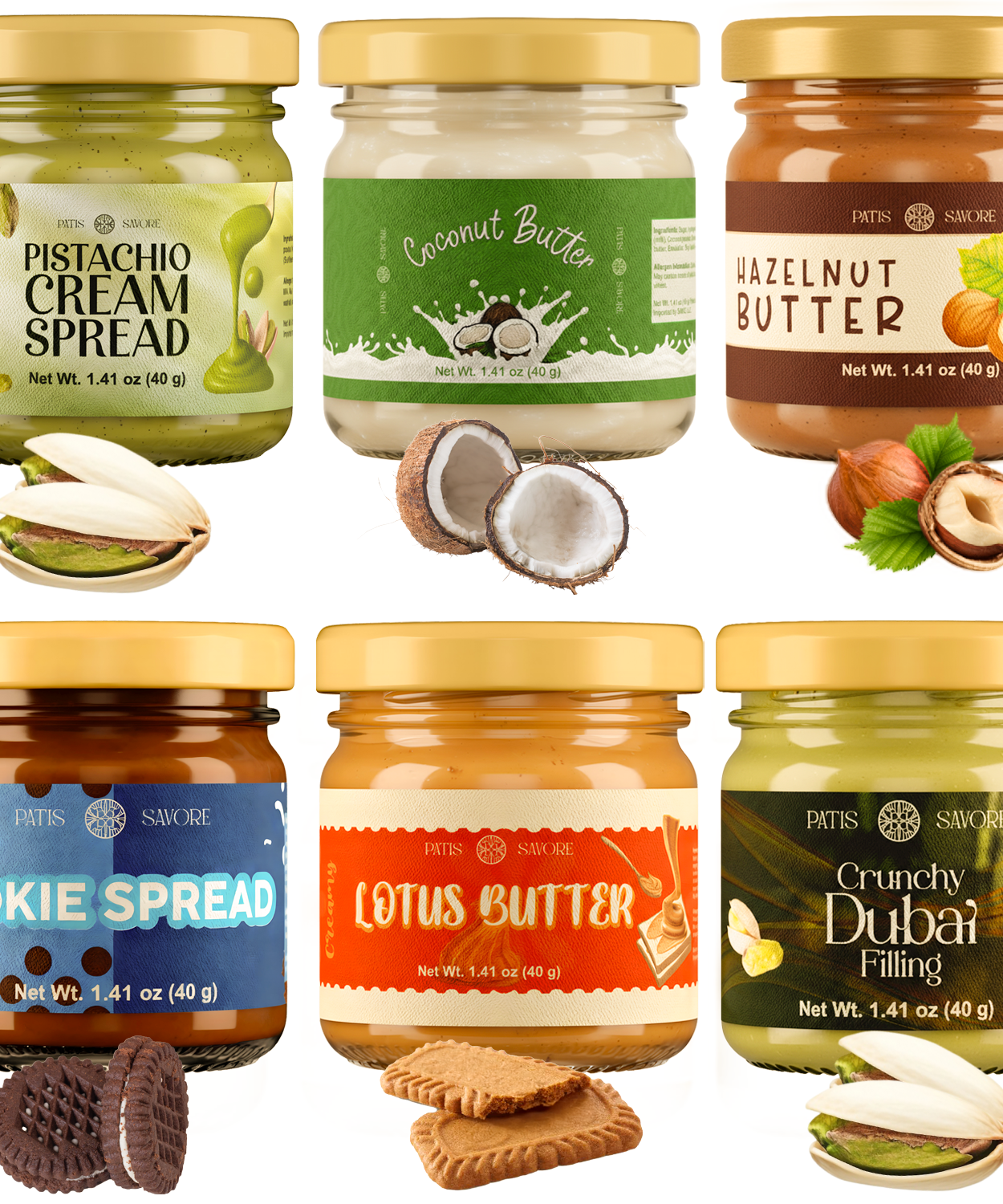 Six jars of Pits & Sauce flavored spreads arranged in a 2x3 grid on a white background, with nut and cookie illustrations placed near each jar. The products shown are Pistachio Cream Spread, Coconut Butter, Hazelnut Butter, Cookie Spread, Lotus Butter, and Crunchy Dubai Filling.