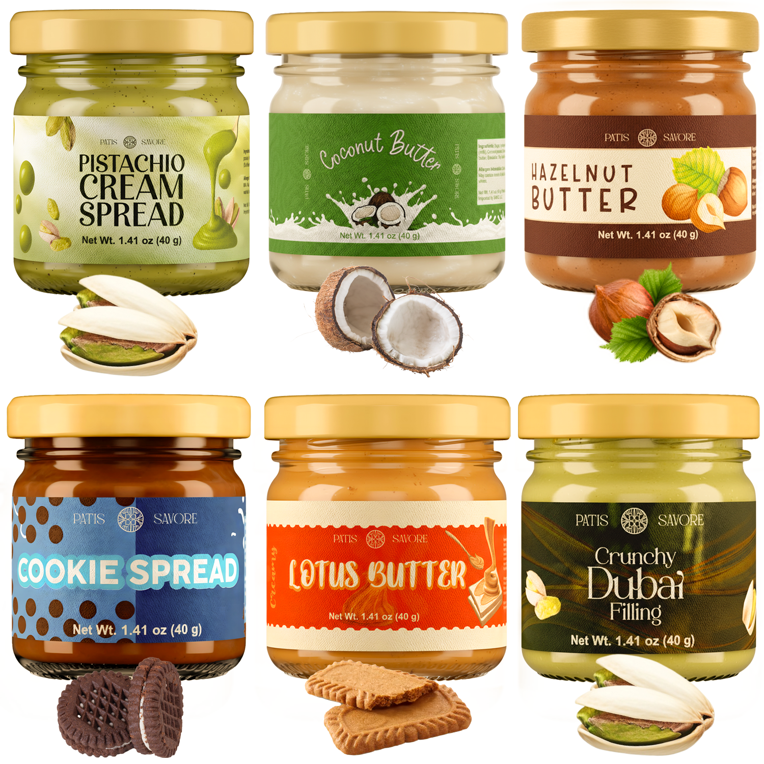 Six jars of Pits & Sauce flavored spreads arranged in a 2x3 grid on a white background, with nut and cookie illustrations placed near each jar. The products shown are Pistachio Cream Spread, Coconut Butter, Hazelnut Butter, Cookie Spread, Lotus Butter, and Crunchy Dubai Filling.